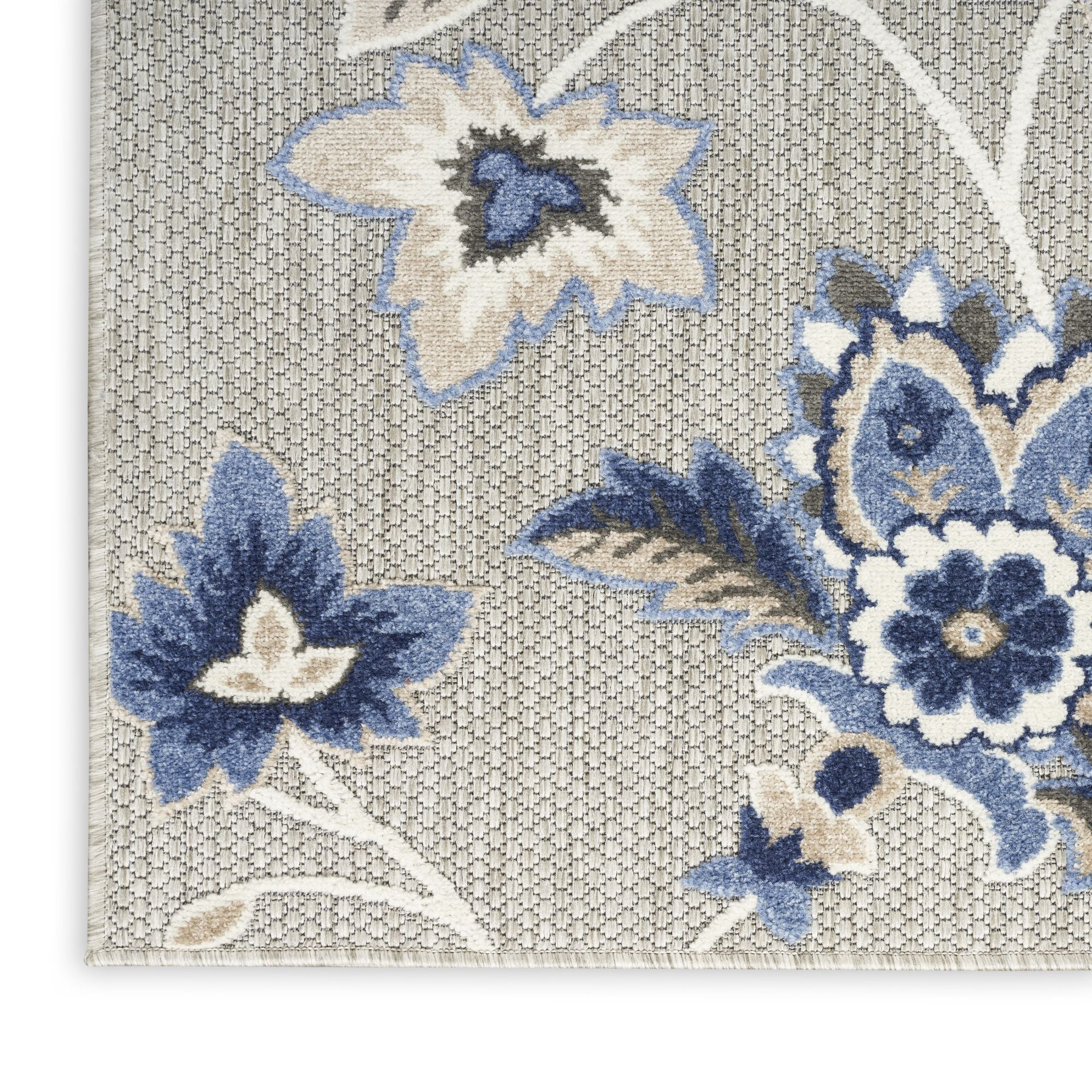 Blue Grey Farmhouse Floral Indoor Outdoor Rug