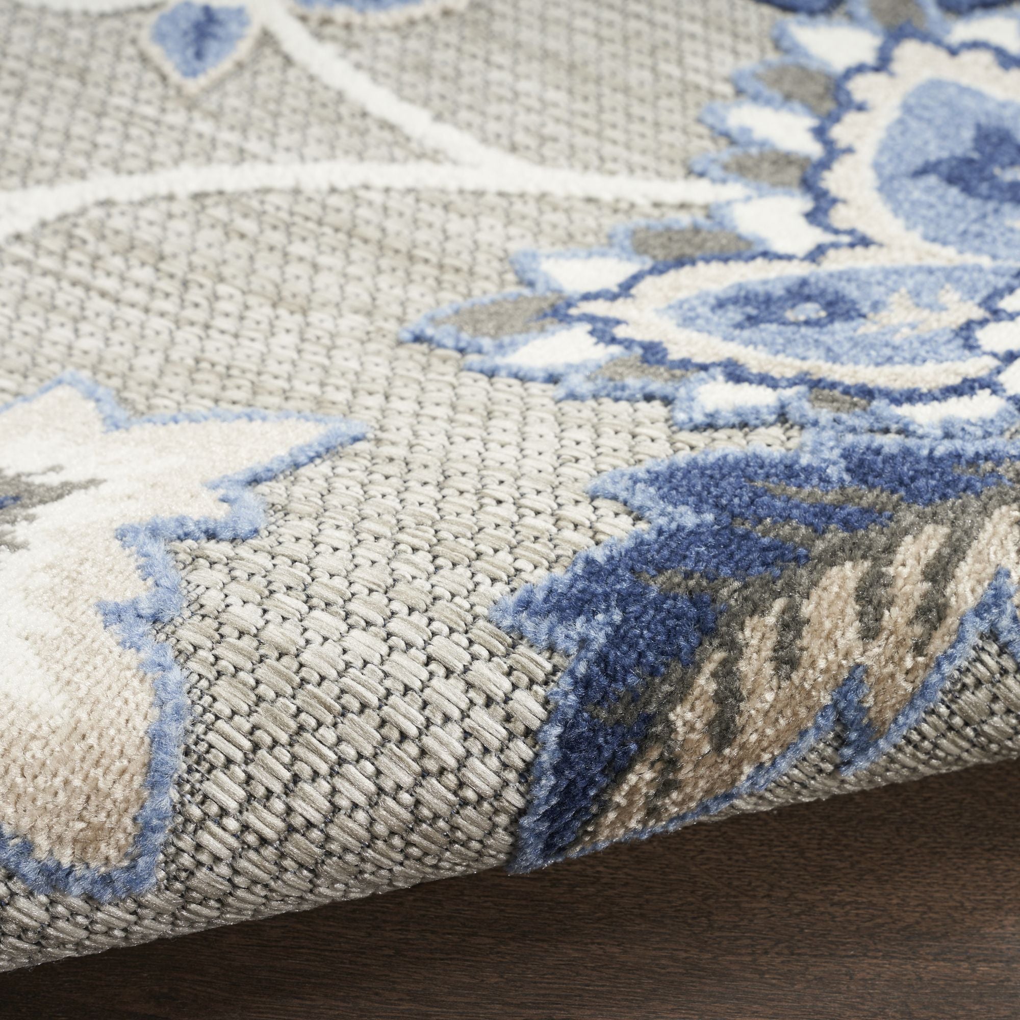 Blue Grey Farmhouse Floral Indoor Outdoor Rug