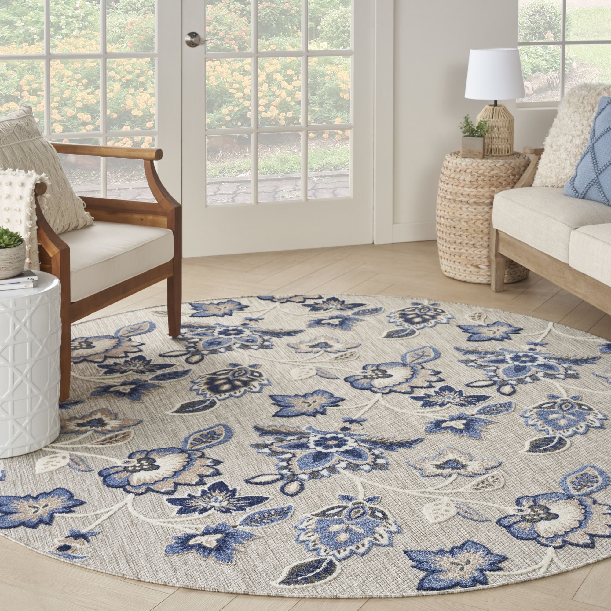 Blue Grey Farmhouse Floral Indoor Outdoor Rug