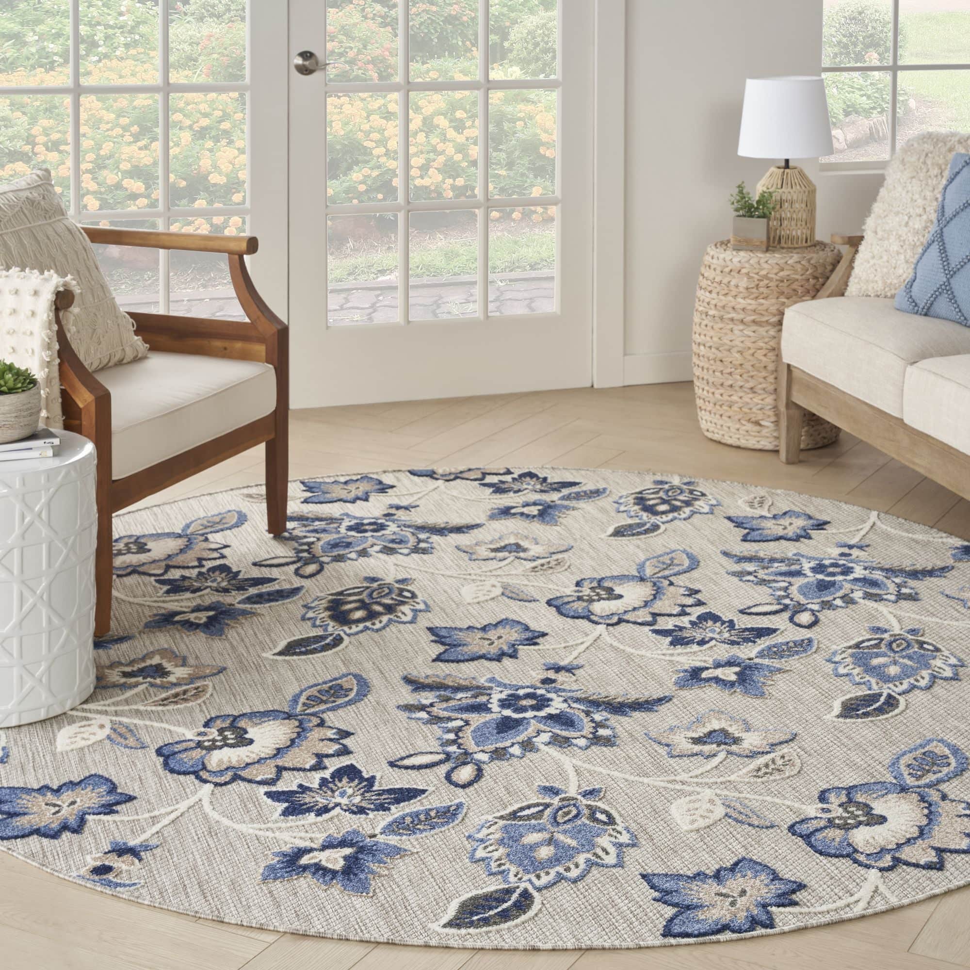 Blue Grey Farmhouse Floral Indoor Outdoor Rug