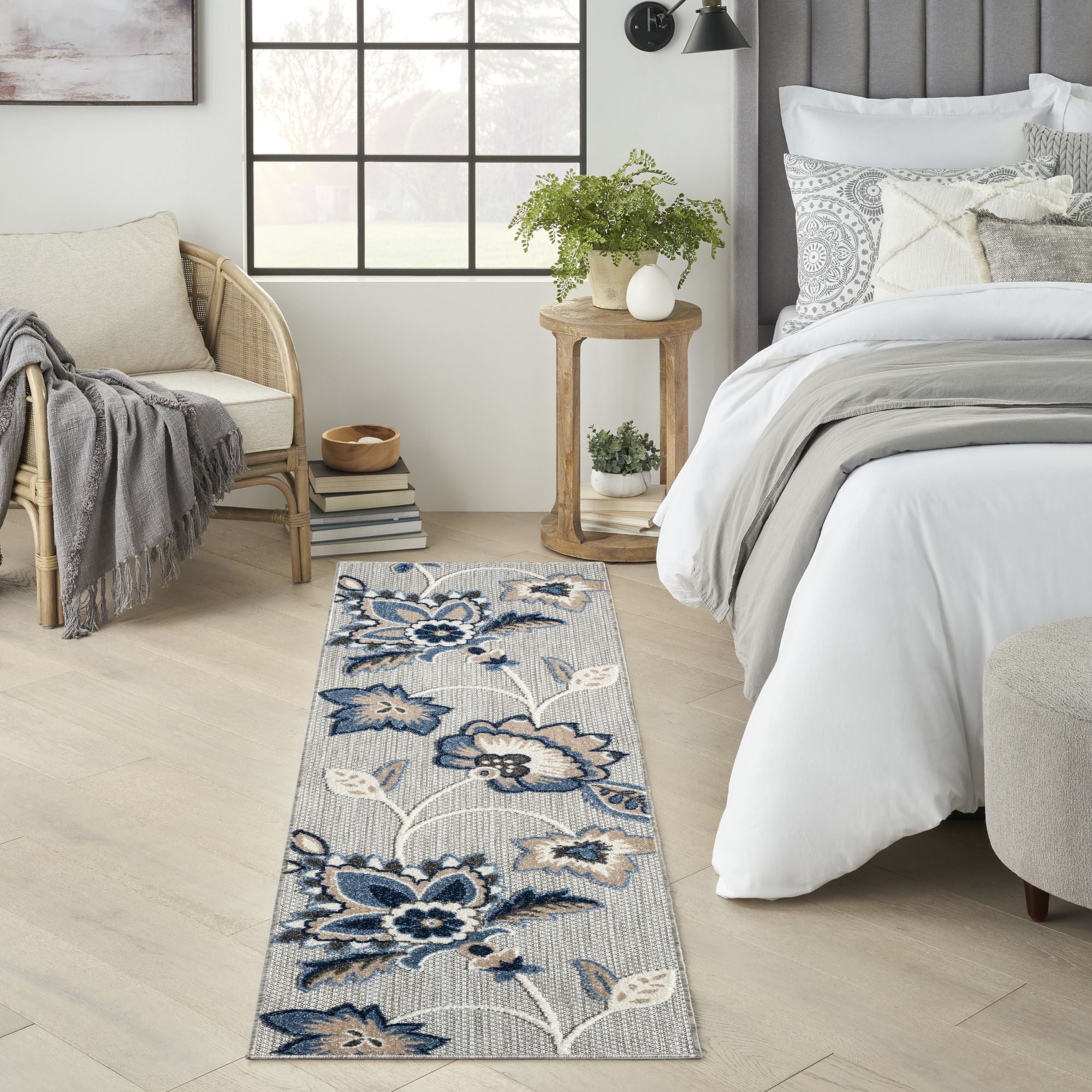 Blue Grey Farmhouse Floral Indoor Outdoor Rug