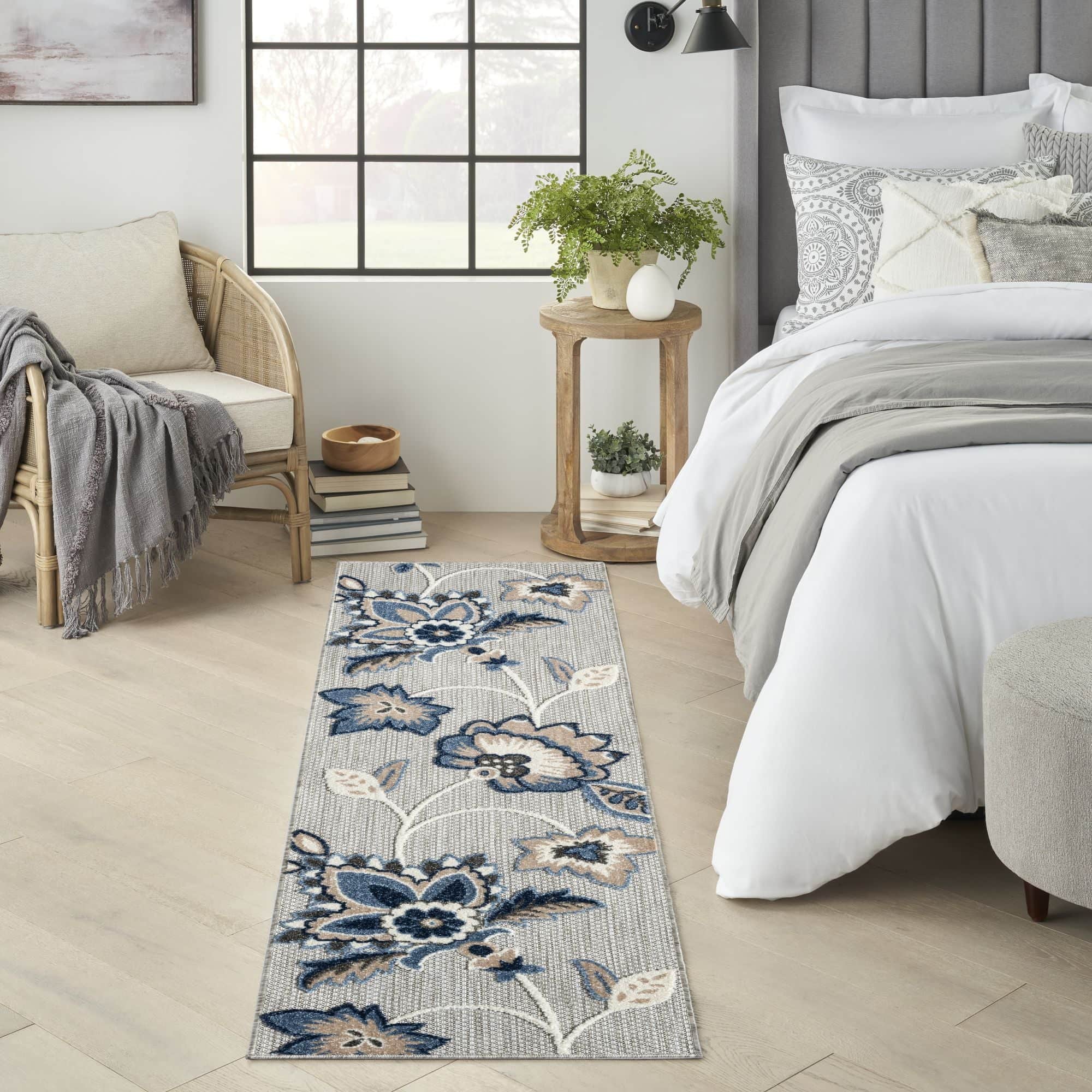 Blue Grey Farmhouse Floral Indoor Outdoor Rug