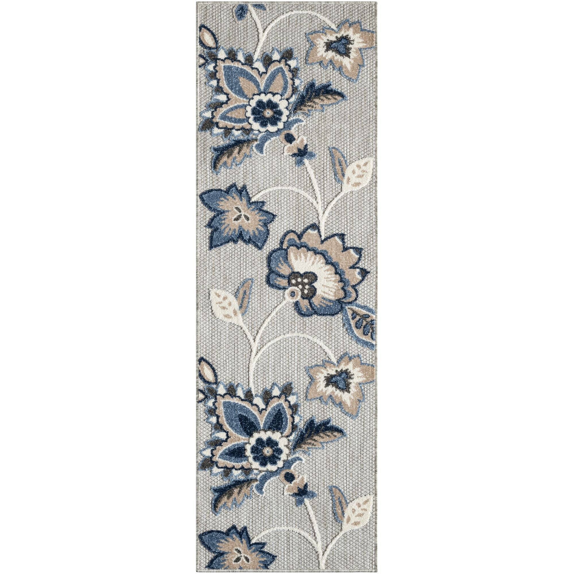 Blue Grey Farmhouse Floral Indoor Outdoor Rug