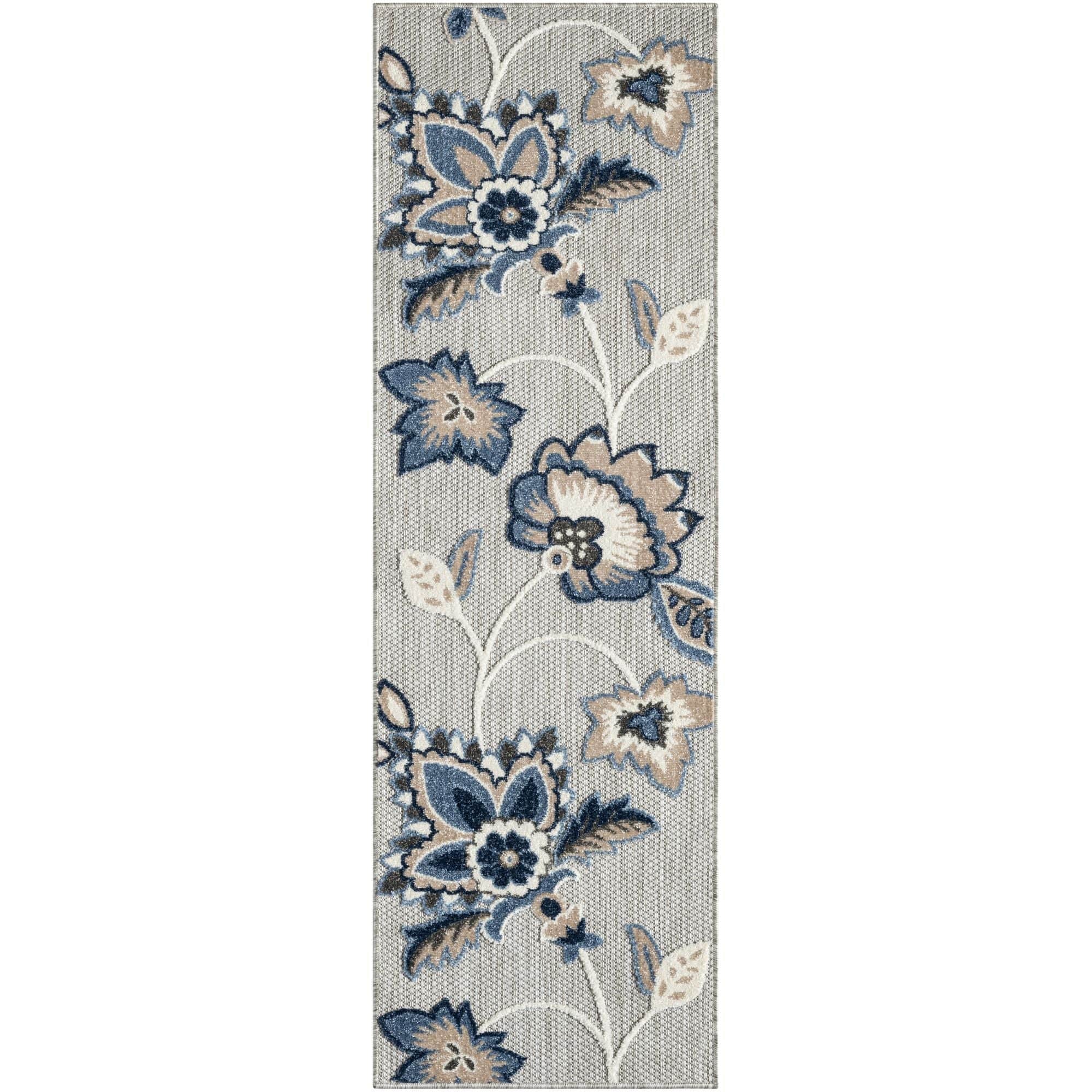 Blue Grey Farmhouse Floral Indoor Outdoor Rug