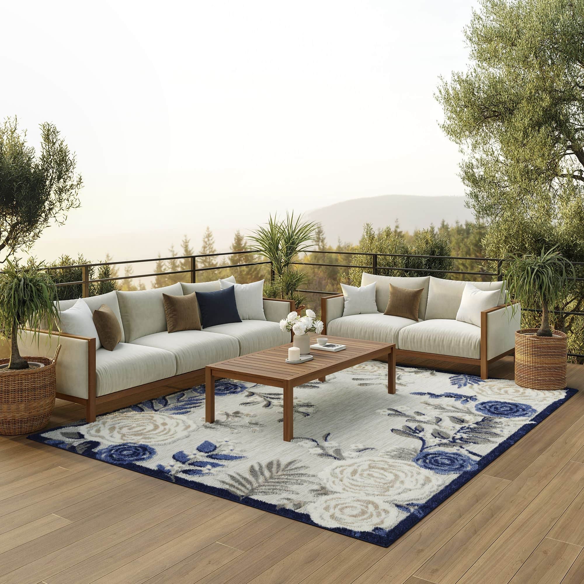 Blue Grey Contemporary Indoor-Outdoor Floral Area Rug