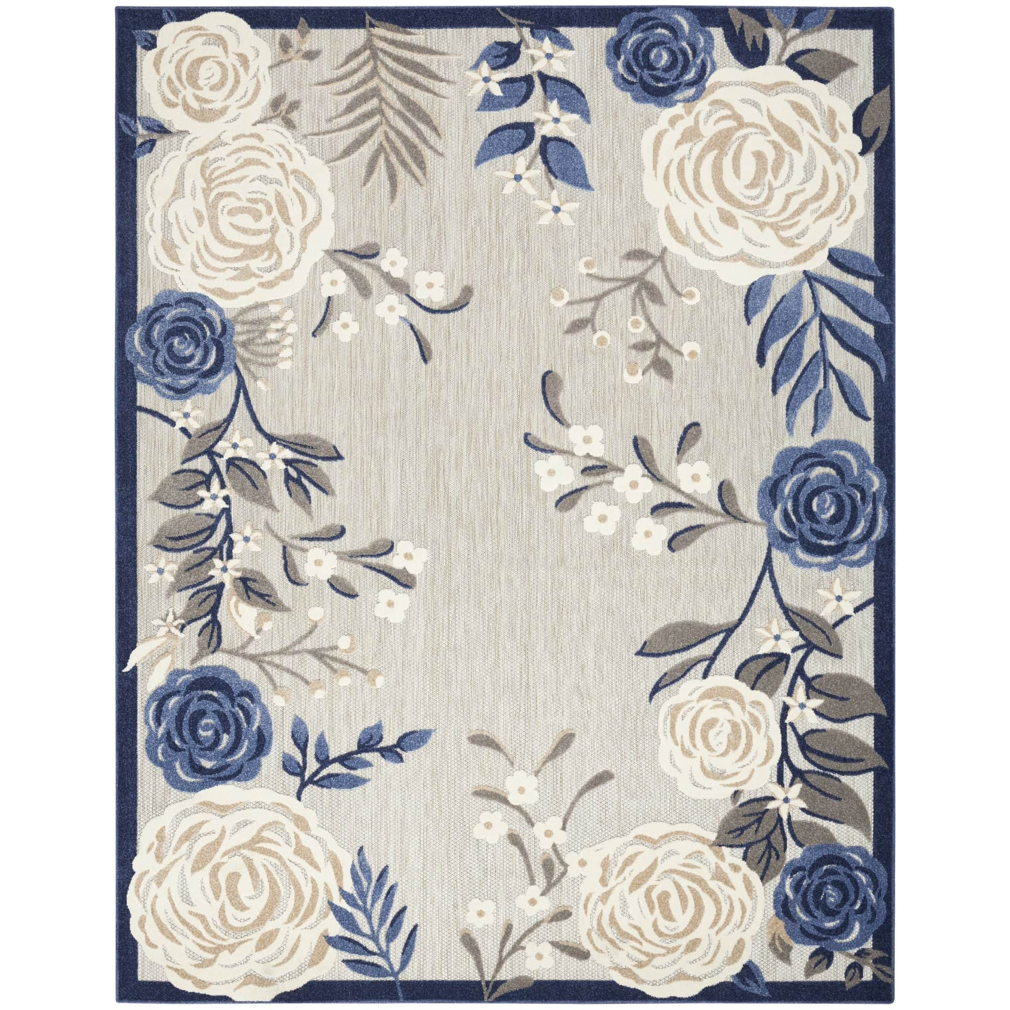 Blue Grey Contemporary Indoor-Outdoor Floral Area Rug