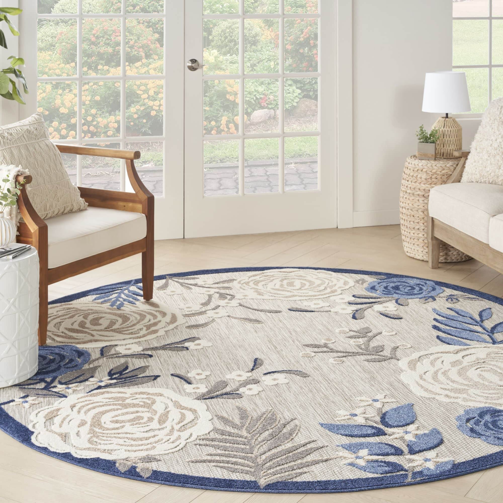 Blue Grey Contemporary Indoor-Outdoor Floral Area Rug