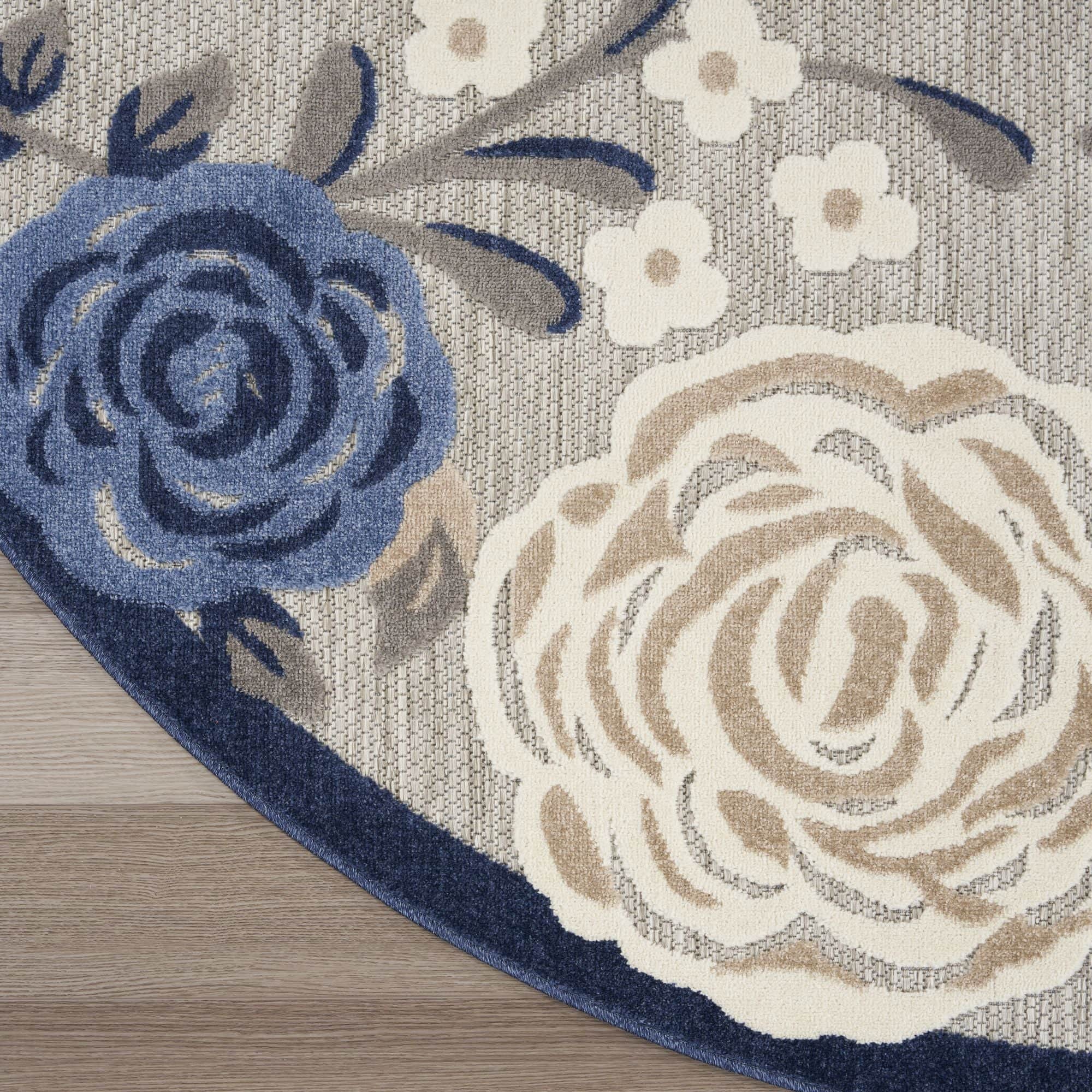 Blue Grey Contemporary Indoor-Outdoor Floral Area Rug