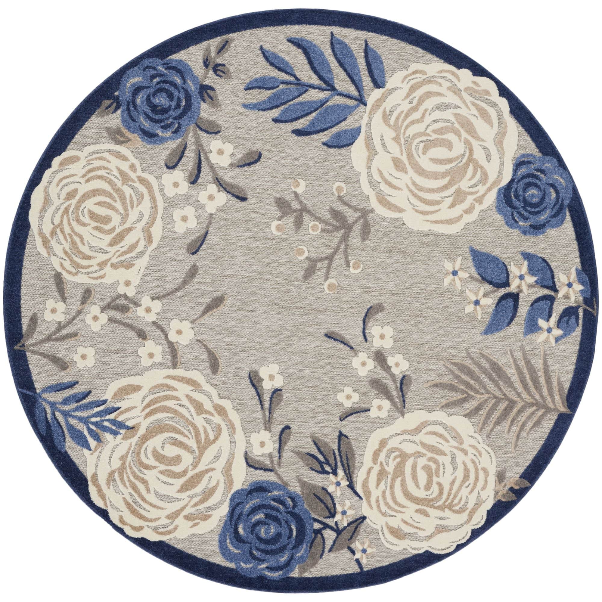 Blue Grey Contemporary Indoor-Outdoor Floral Area Rug