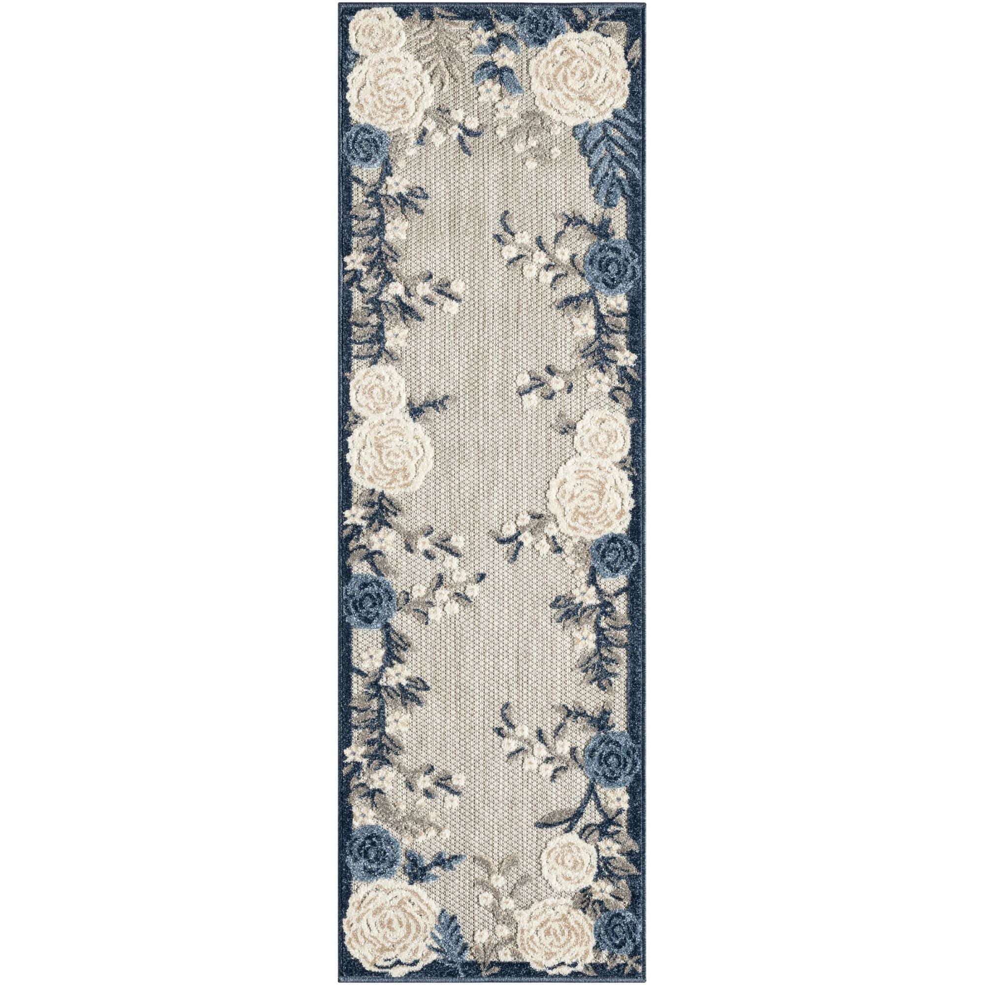 Blue Grey Contemporary Indoor-Outdoor Floral Area Rug