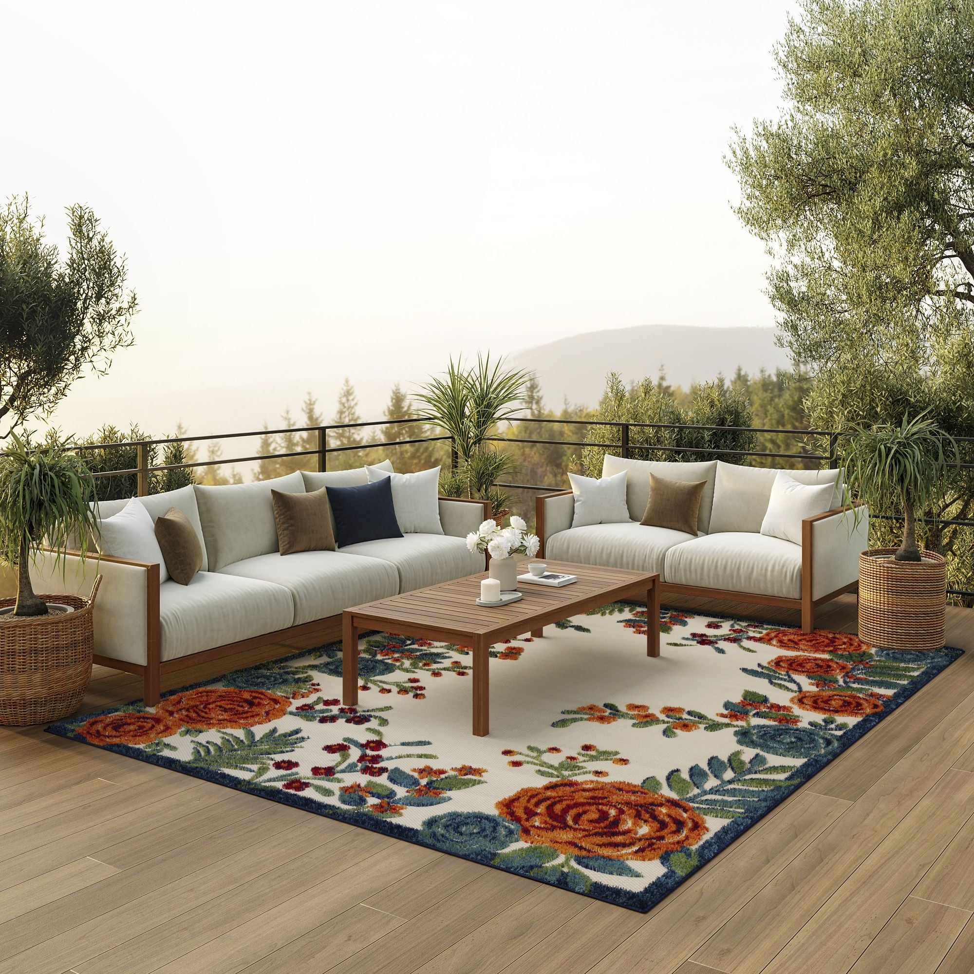 Ivory Multicolor Contemporary Indoor-Outdoor Floral Area Rug