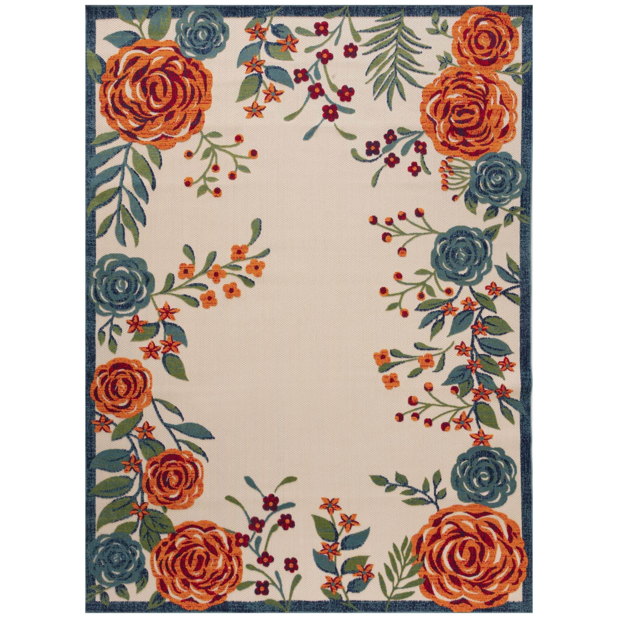 Ivory Multicolor Contemporary Indoor-Outdoor Floral Area Rug