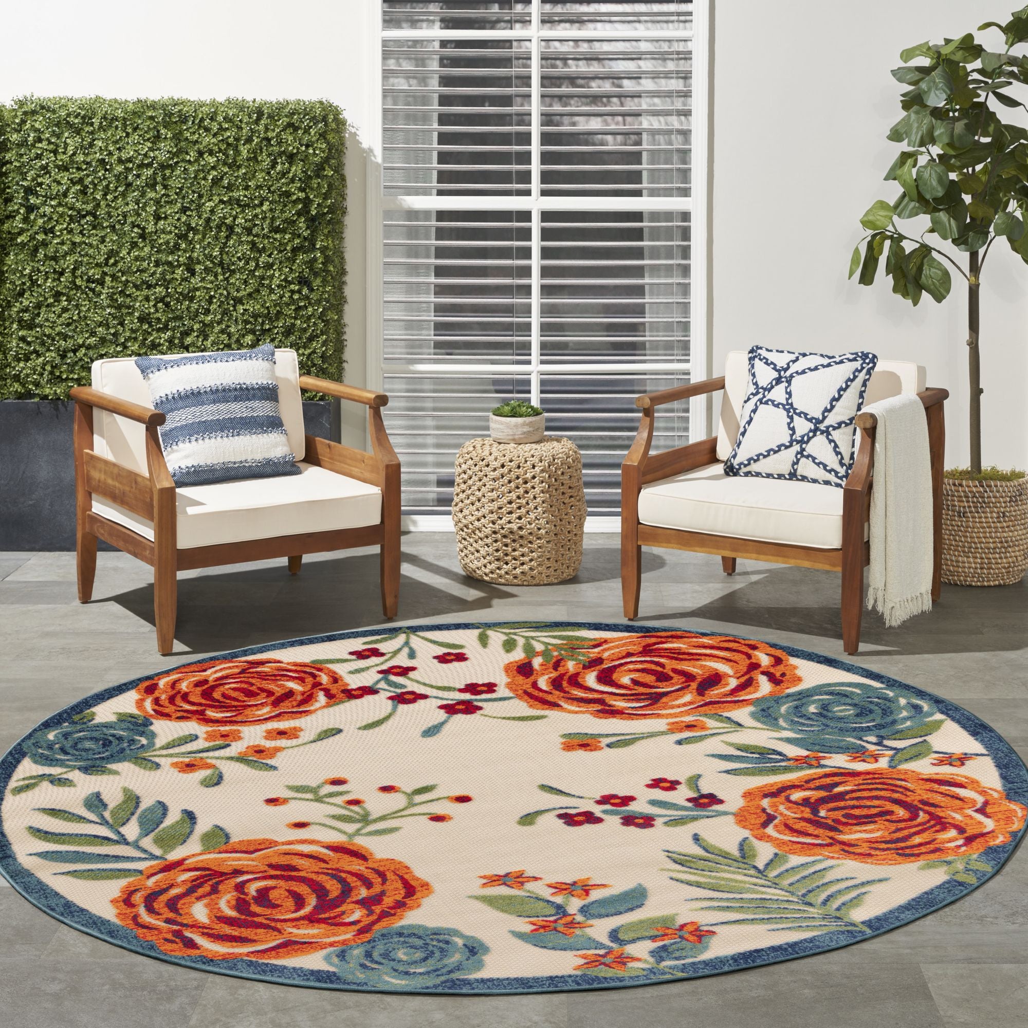 Ivory Multicolor Contemporary Indoor-Outdoor Floral Area Rug