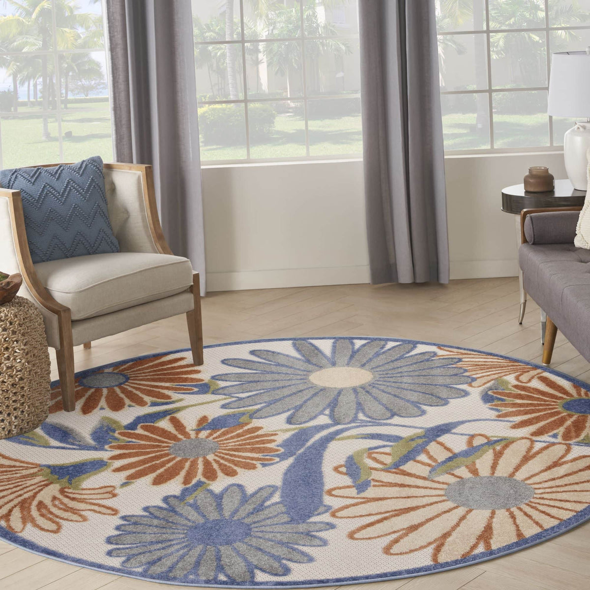 Beige Multicolor Contemporary Indoor Outdoor Floral Area Rug
