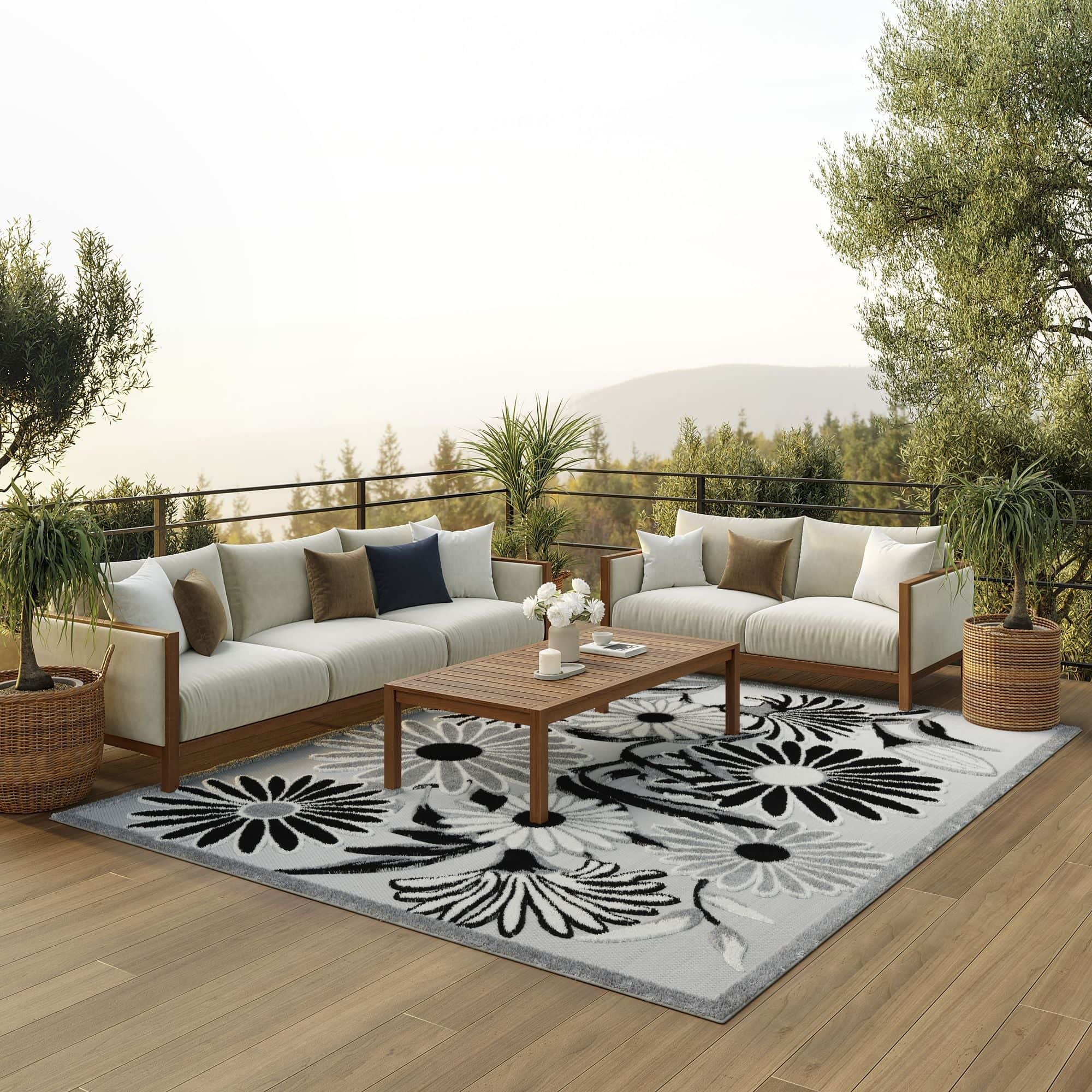 Black White Contemporary Indoor Outdoor Floral Area Rug