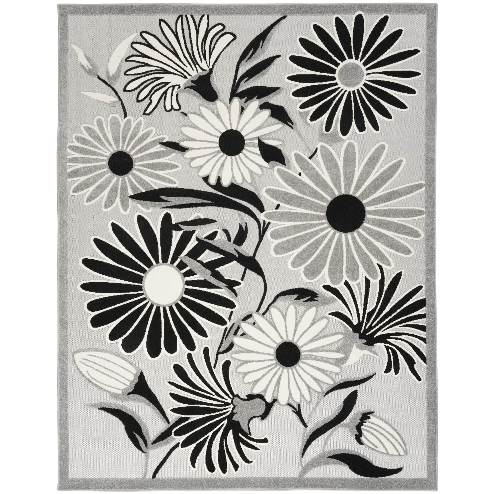 Black White Contemporary Indoor Outdoor Floral Area Rug
