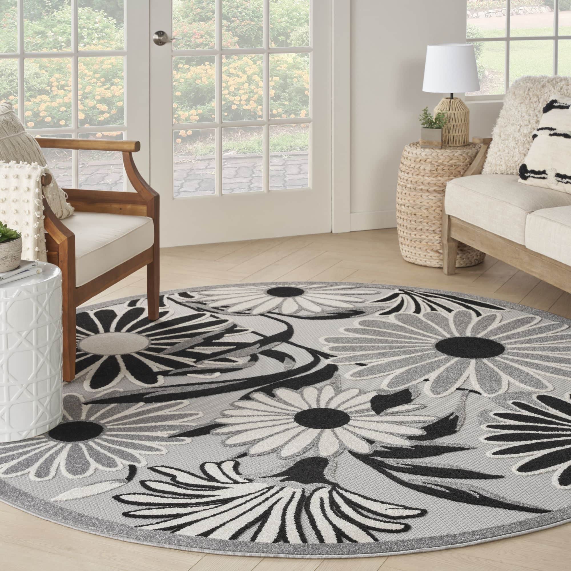 Black White Contemporary Indoor Outdoor Floral Area Rug
