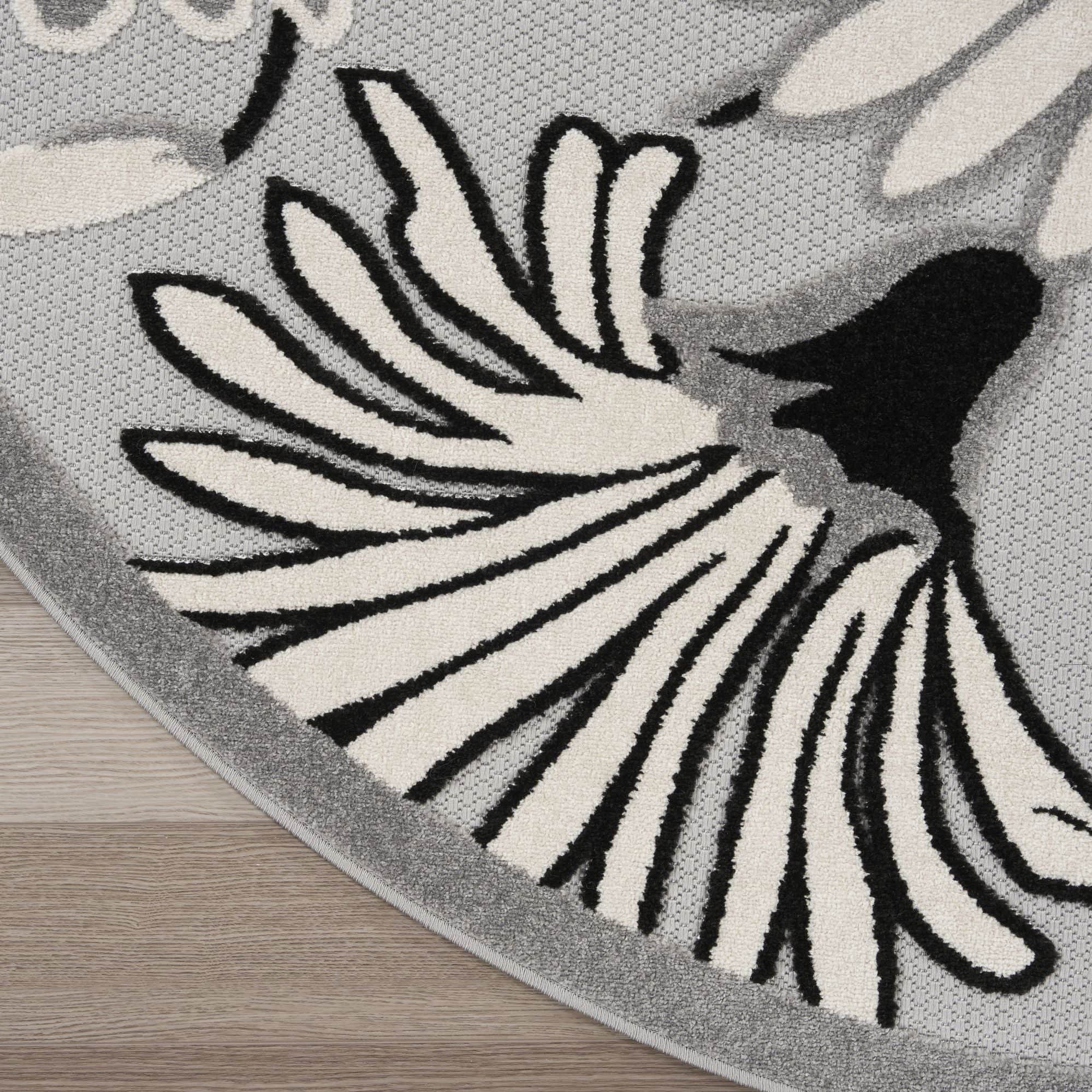 Black White Contemporary Indoor Outdoor Floral Area Rug