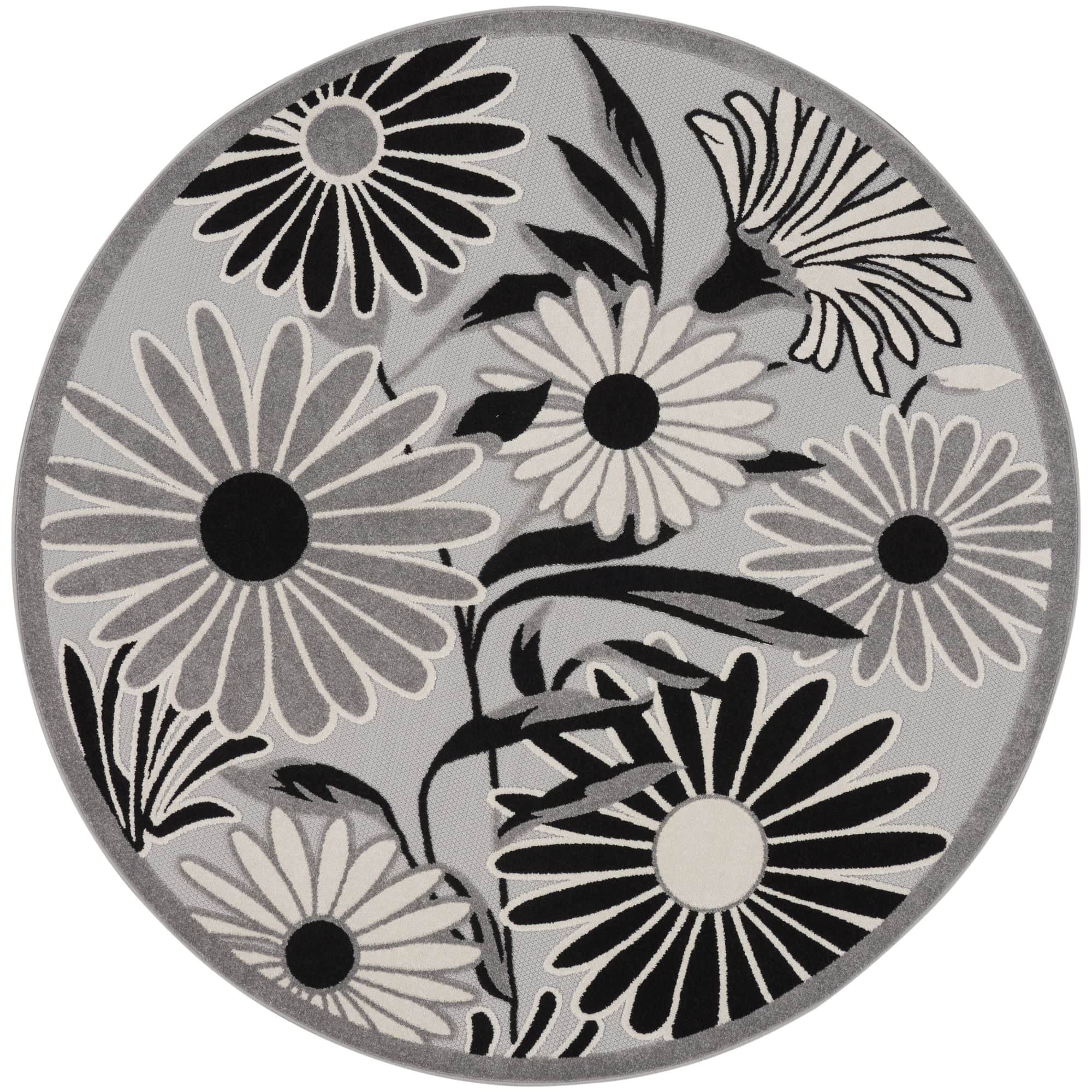 Black White Contemporary Indoor Outdoor Floral Area Rug