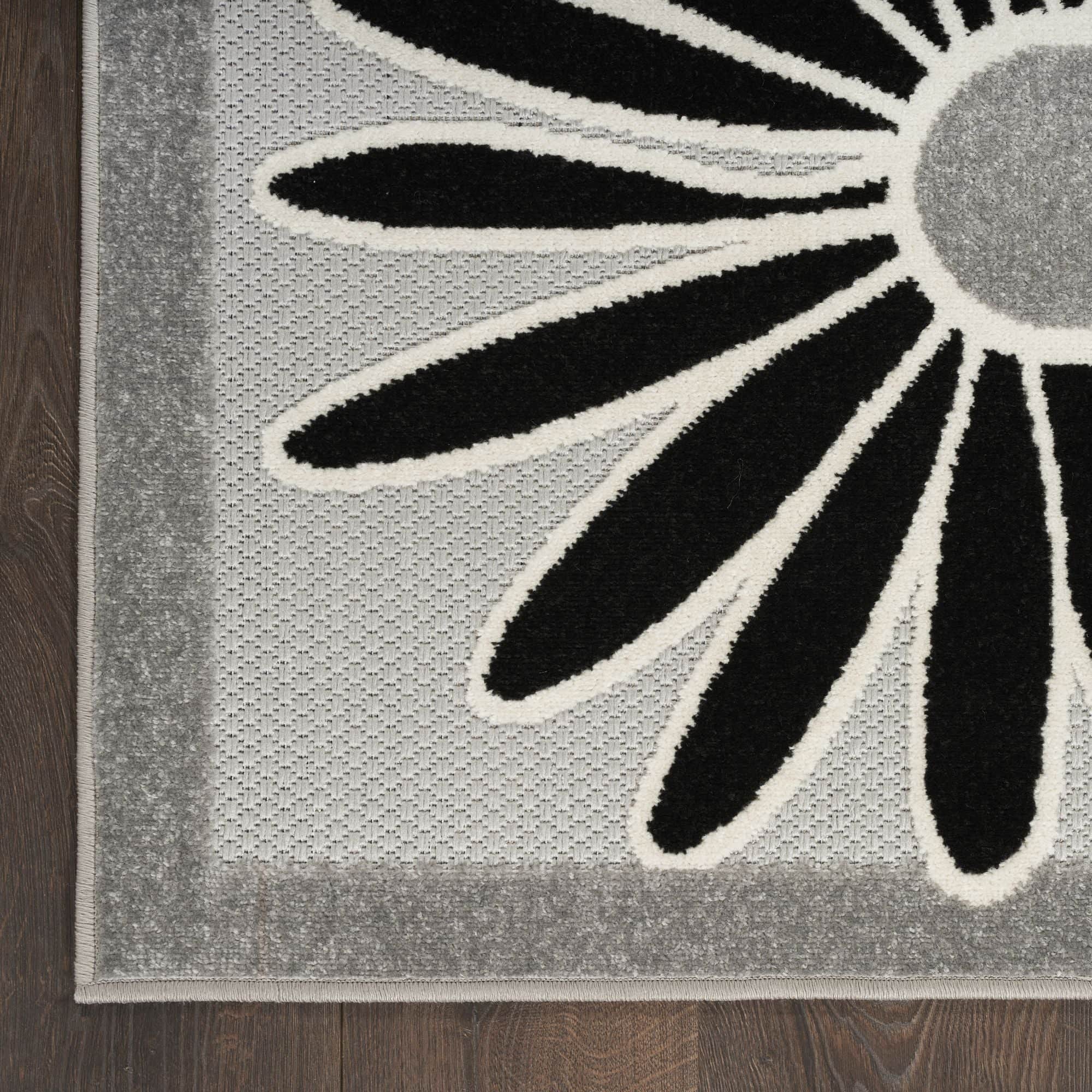 Black White Contemporary Indoor Outdoor Floral Area Rug
