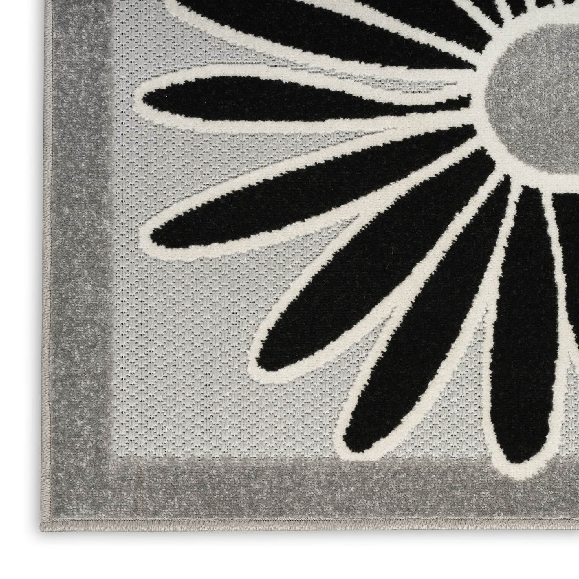 Black White Contemporary Indoor Outdoor Floral Area Rug