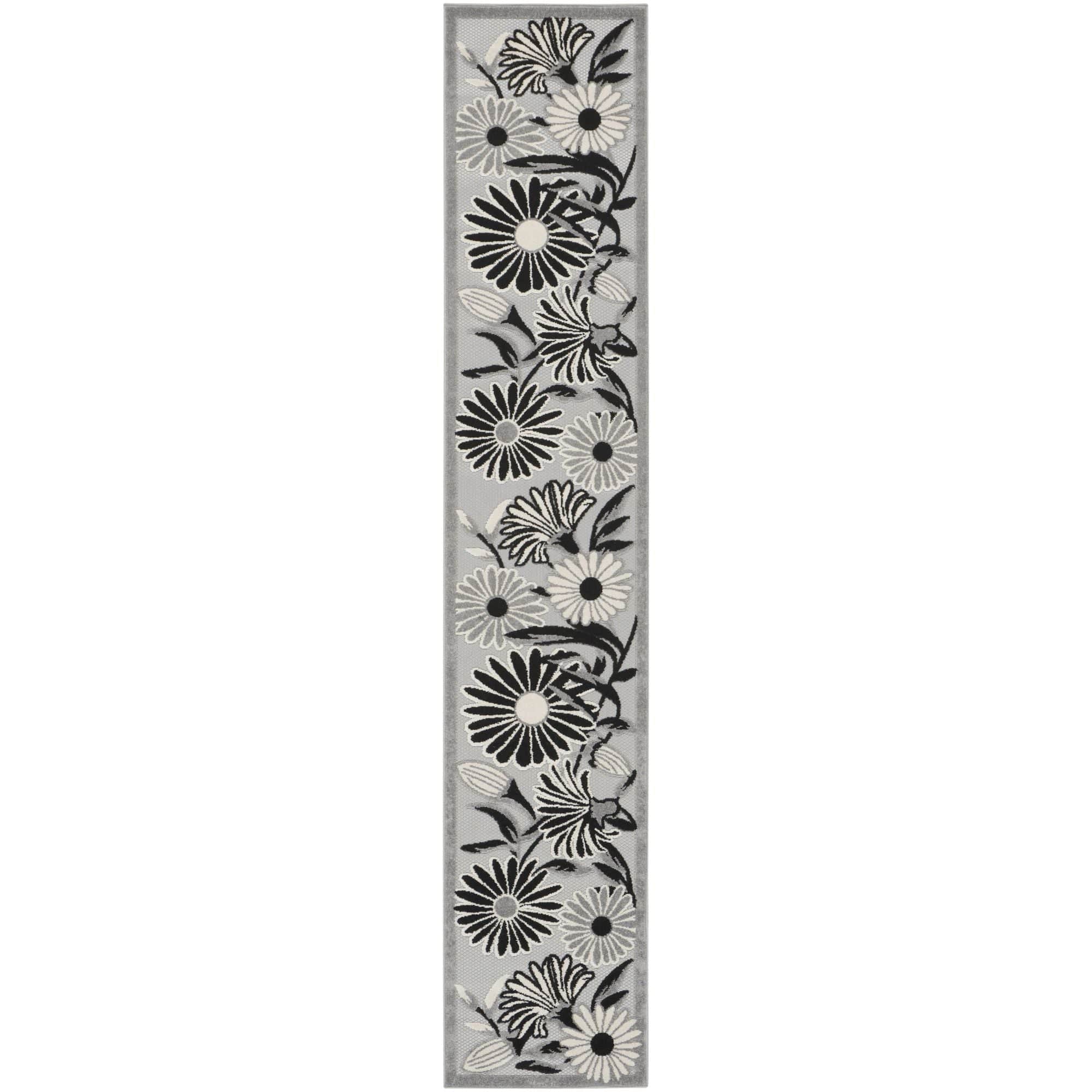 Black White Contemporary Indoor Outdoor Floral Area Rug