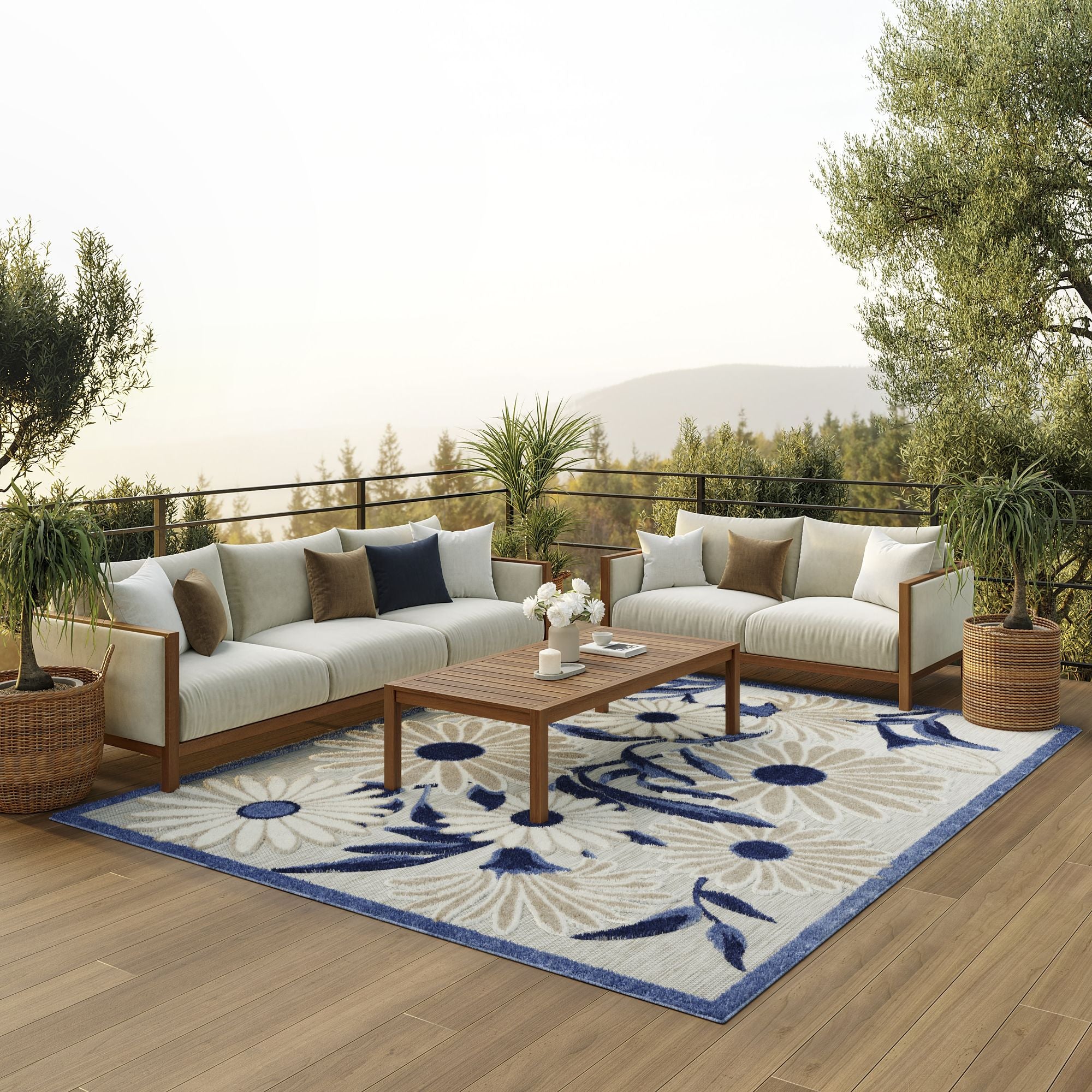 Blue Grey Contemporary Indoor Outdoor Floral Area Rug