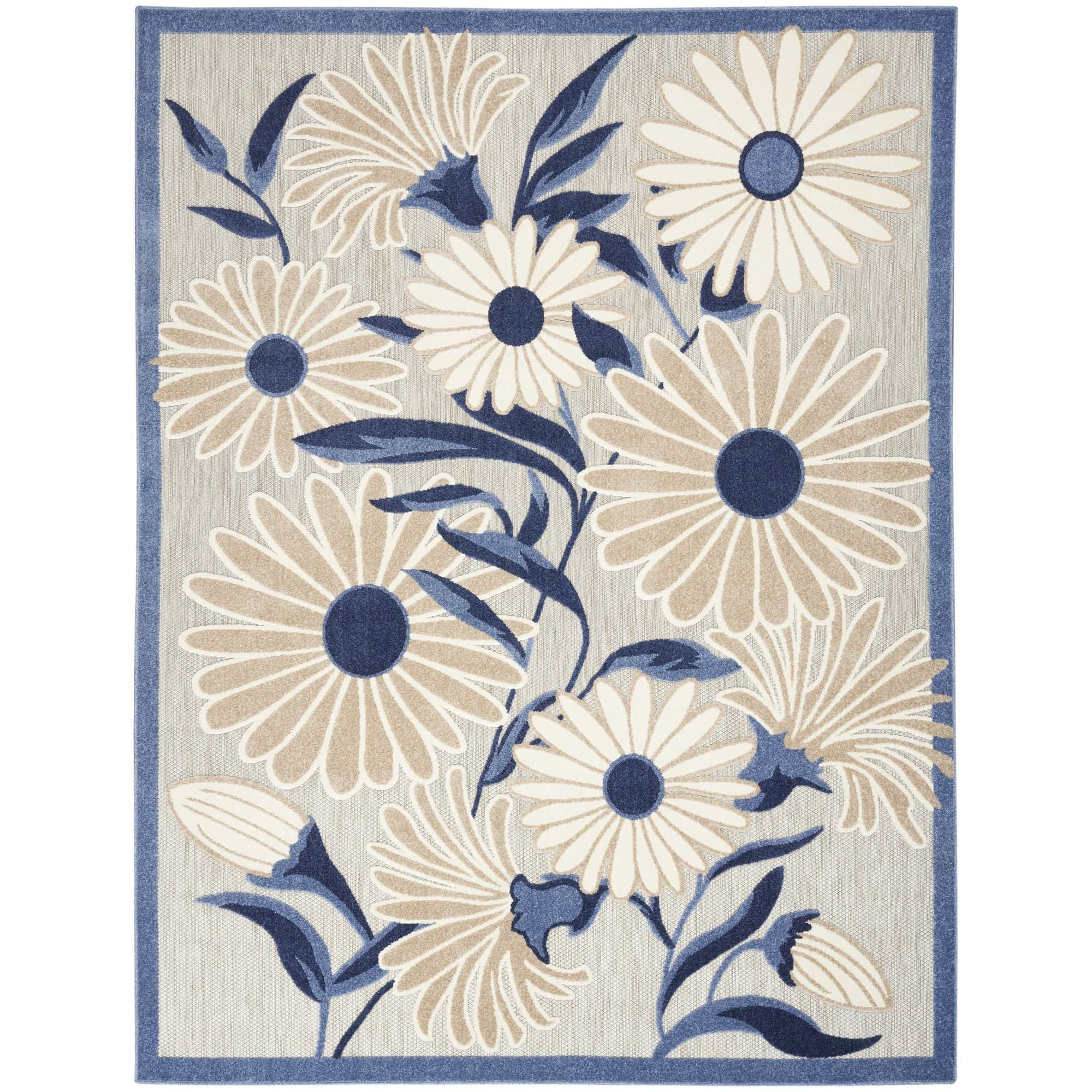 Blue Grey Contemporary Indoor Outdoor Floral Area Rug