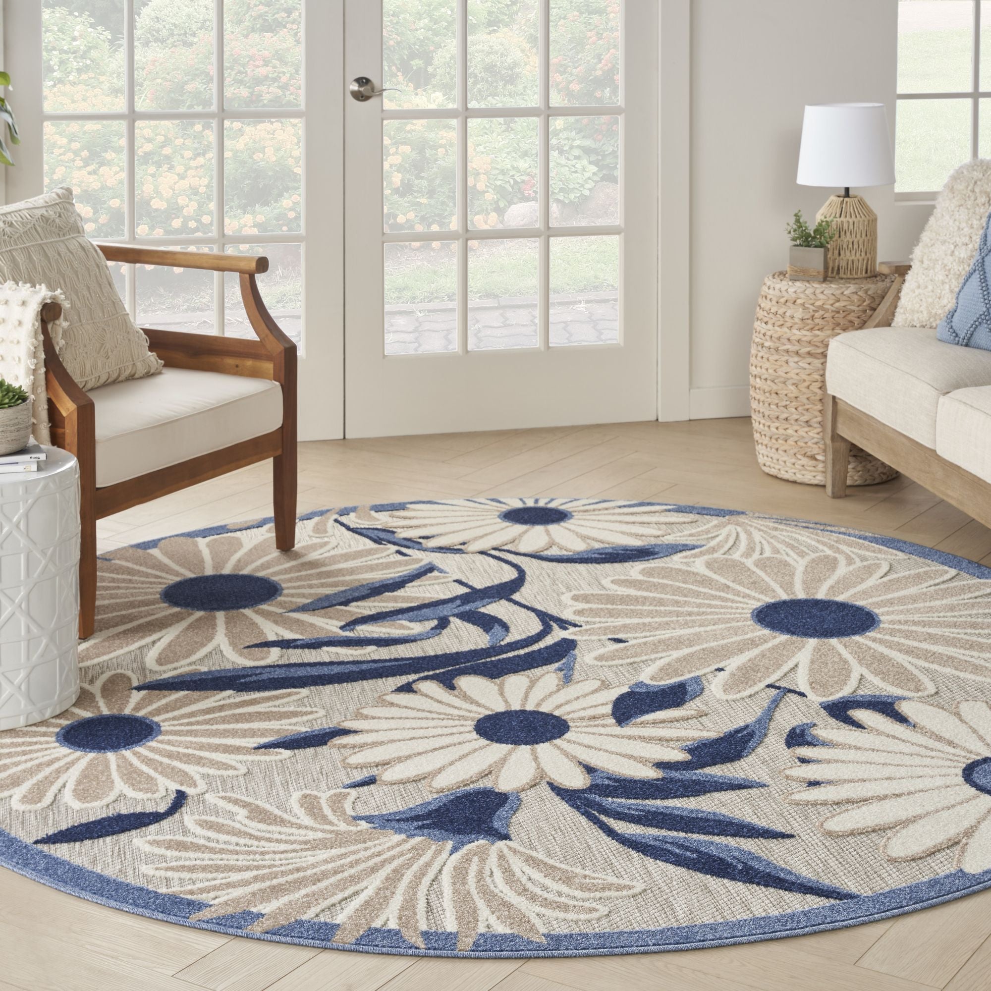Blue Grey Contemporary Indoor Outdoor Floral Area Rug