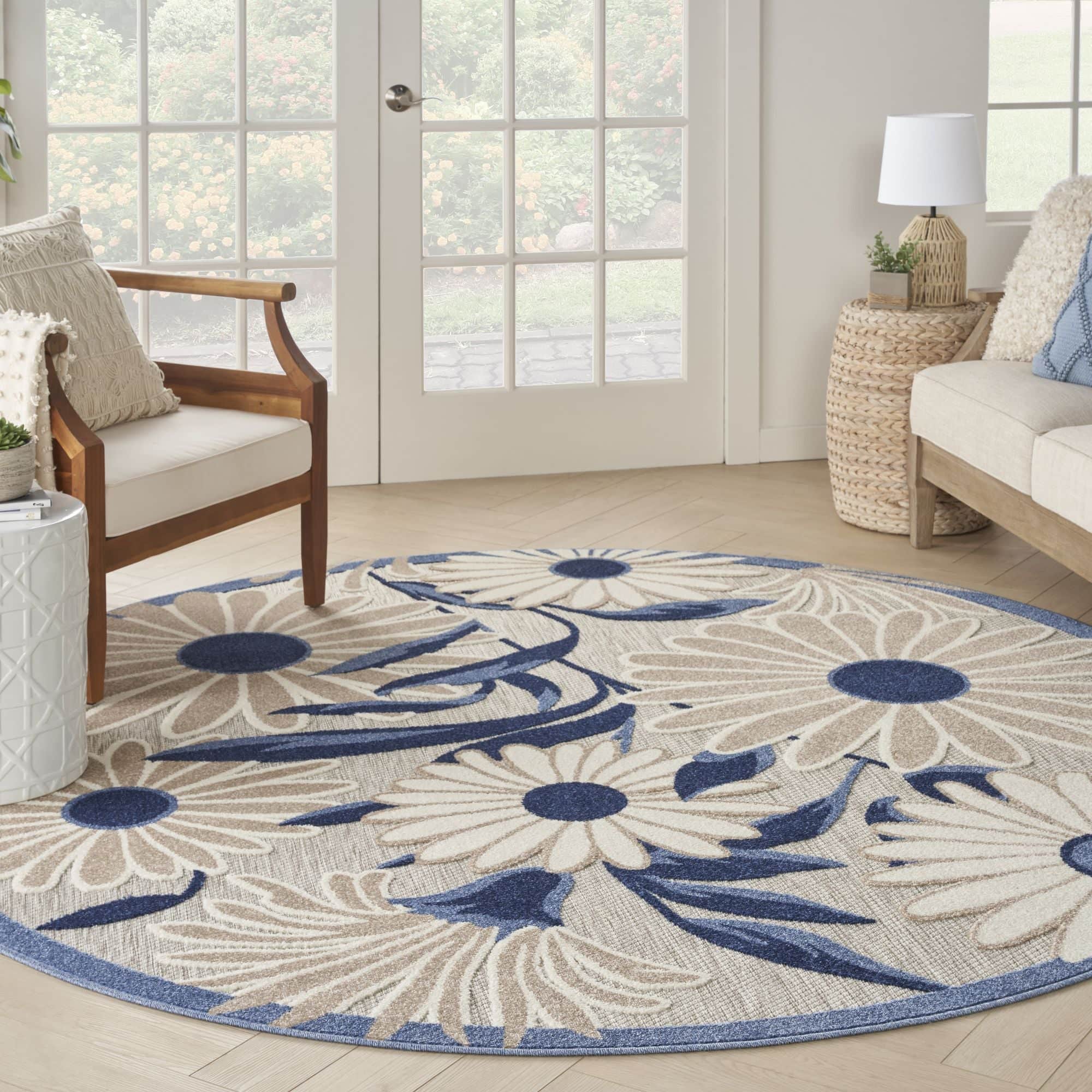Blue Grey Contemporary Indoor Outdoor Floral Area Rug