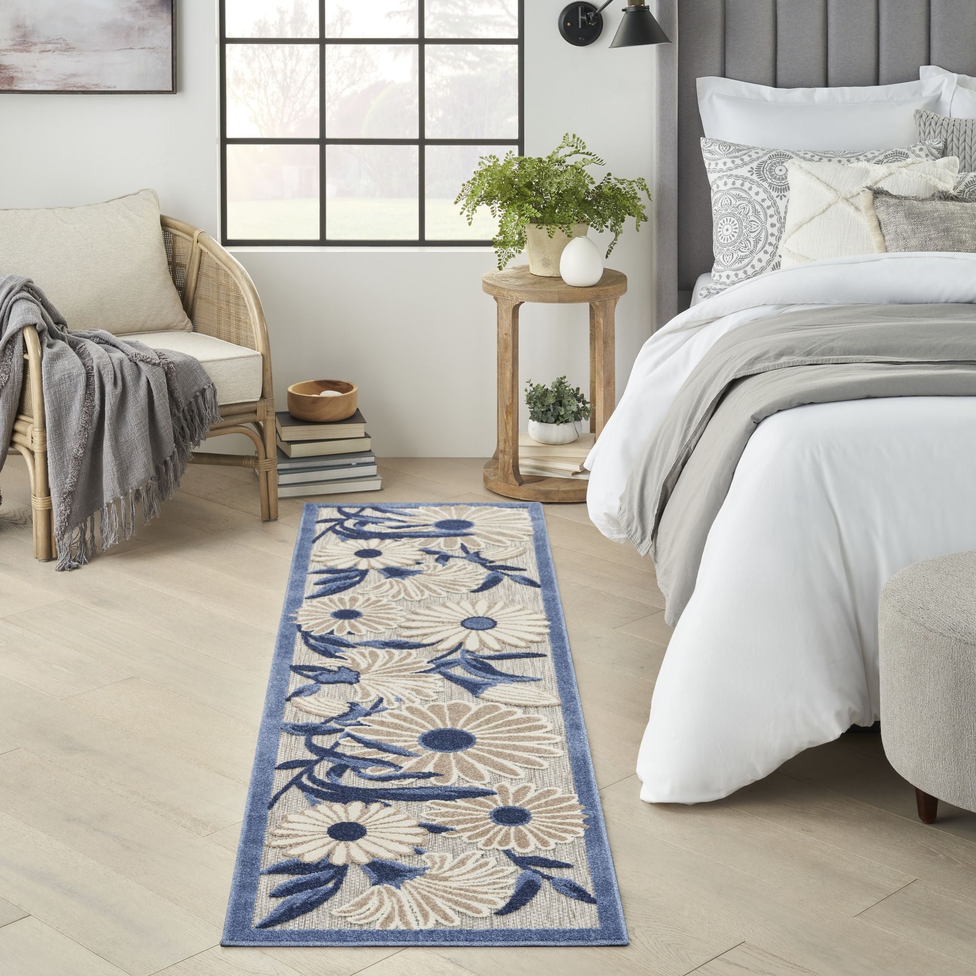 Blue Grey Contemporary Indoor Outdoor Floral Area Rug