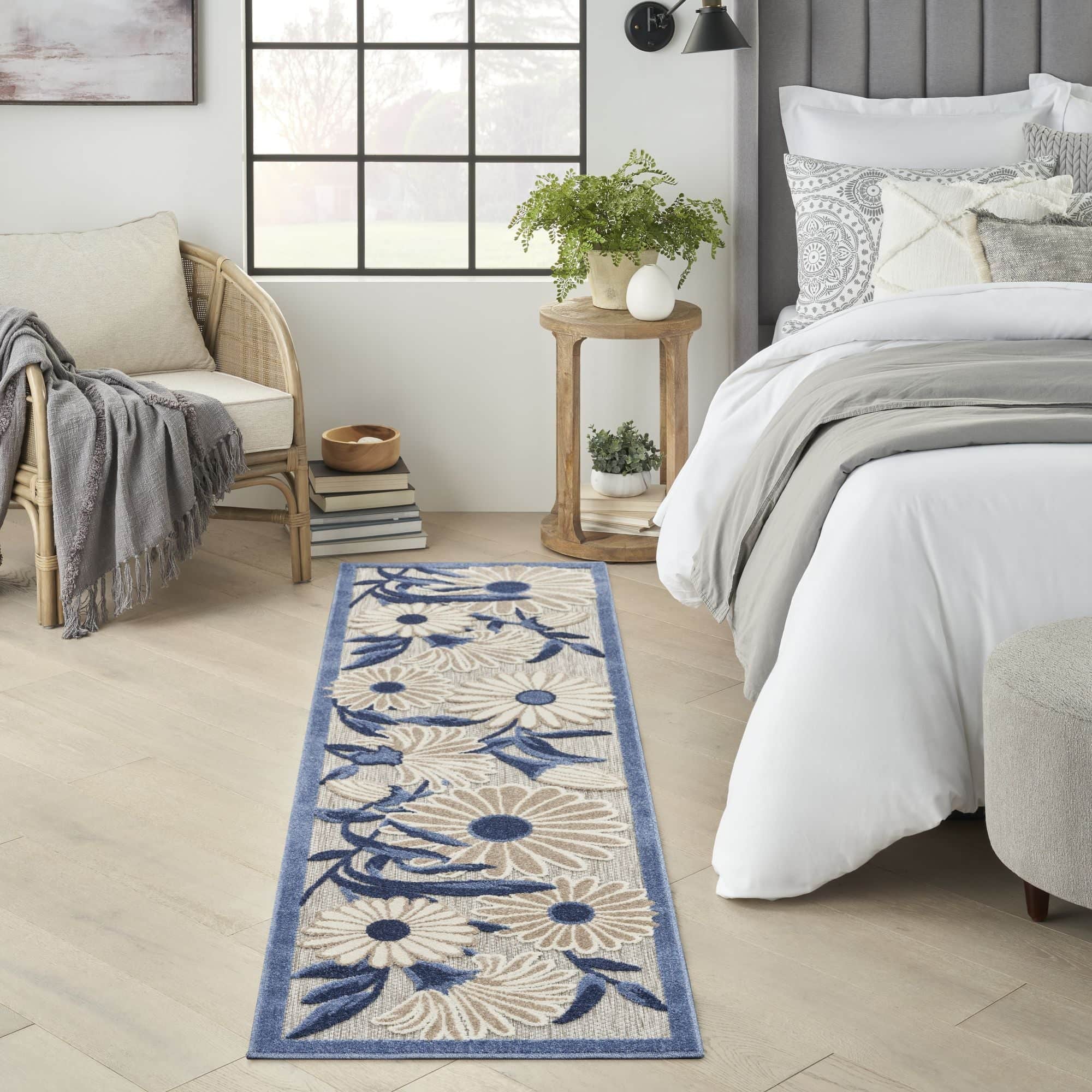 Blue Grey Contemporary Indoor Outdoor Floral Area Rug