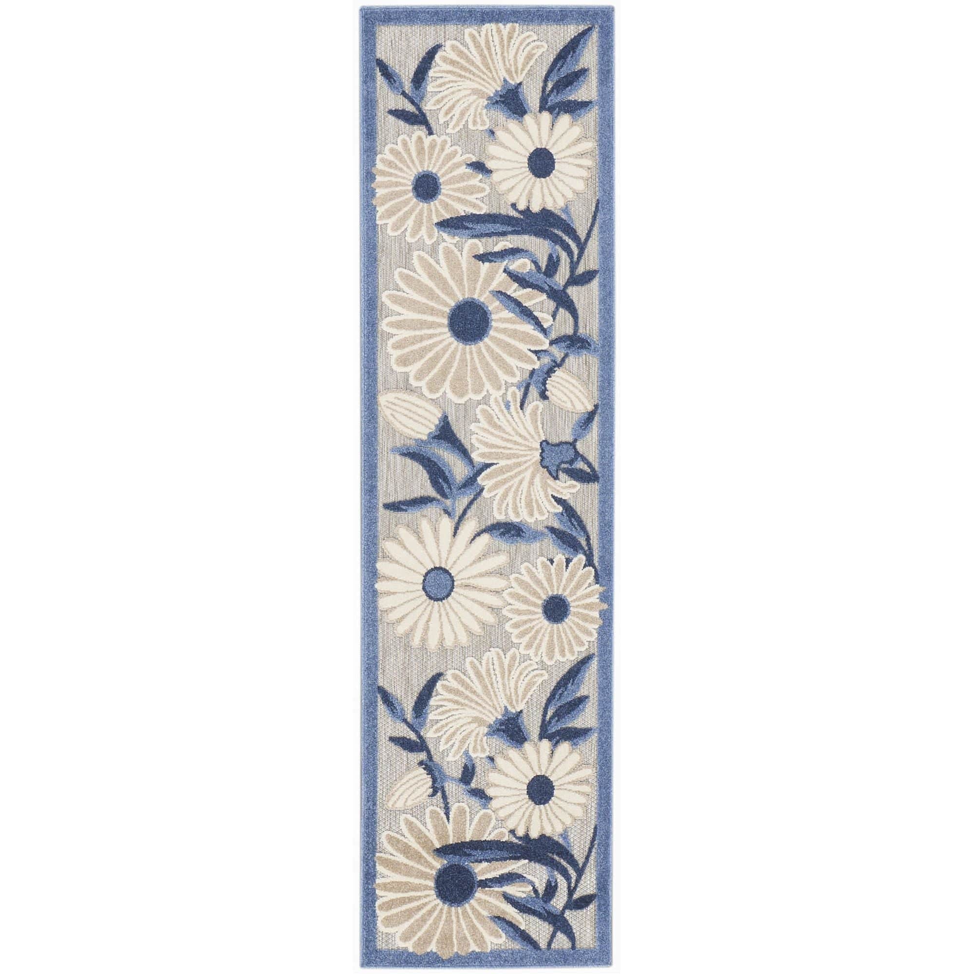 Blue Grey Contemporary Indoor Outdoor Floral Area Rug