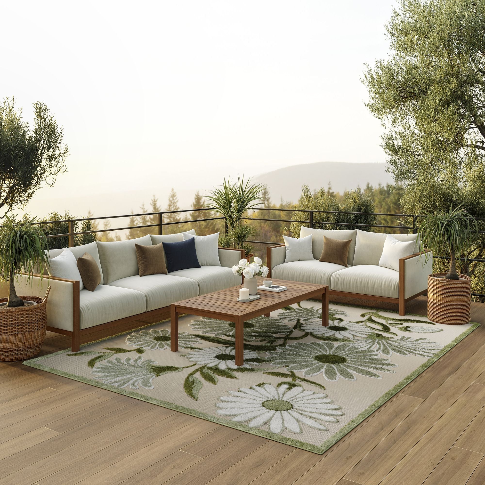 Ivory Green Contemporary Indoor Outdoor Floral Area Rug