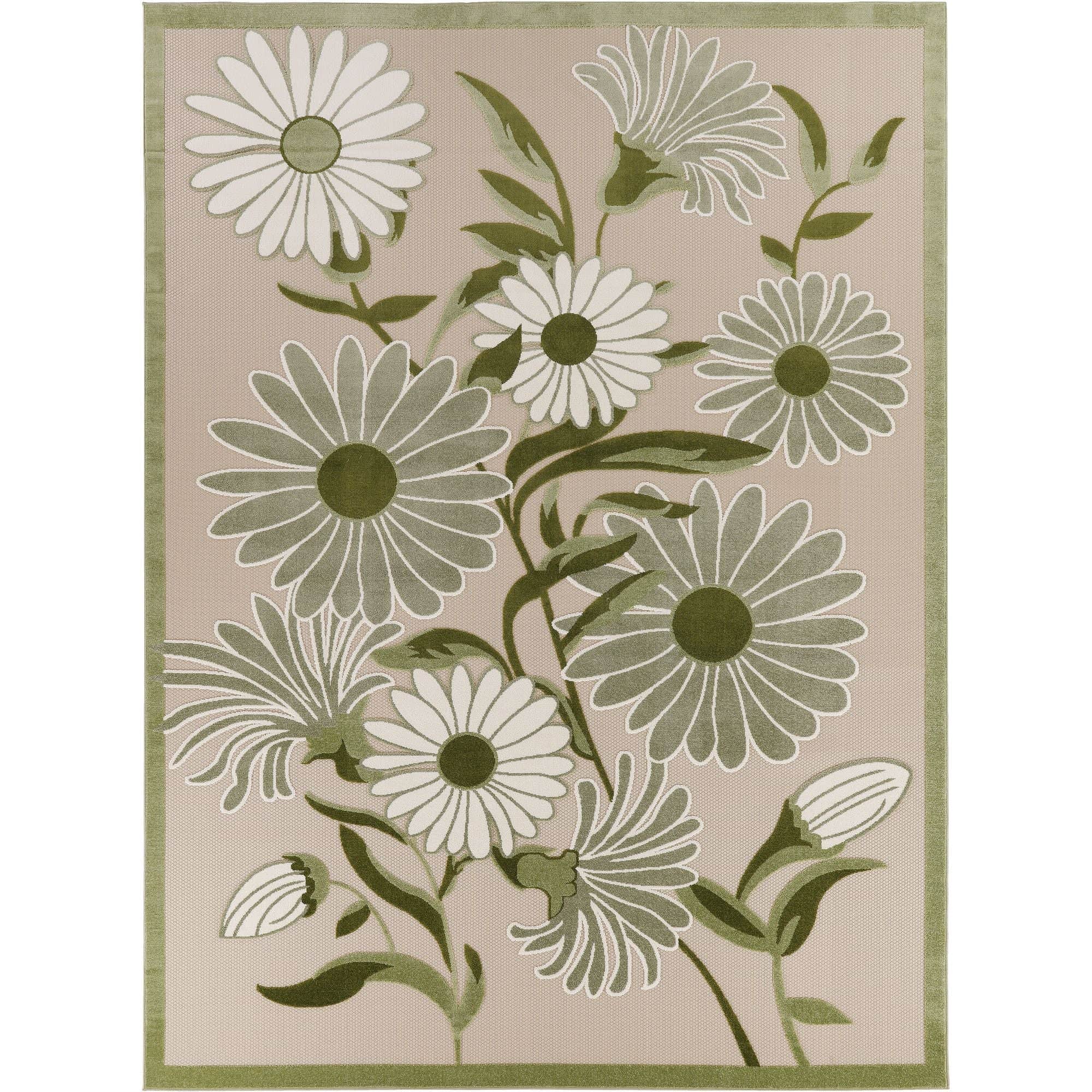 Ivory Green Contemporary Indoor Outdoor Floral Area Rug