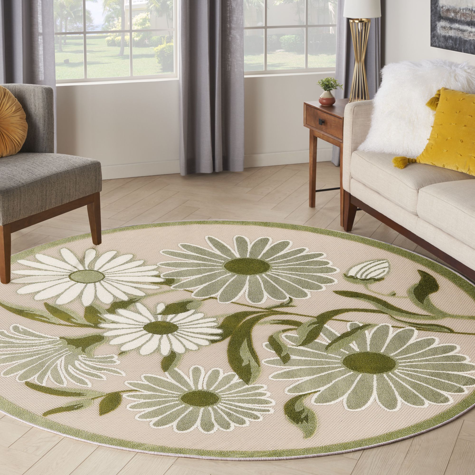 Ivory Green Contemporary Indoor Outdoor Floral Area Rug