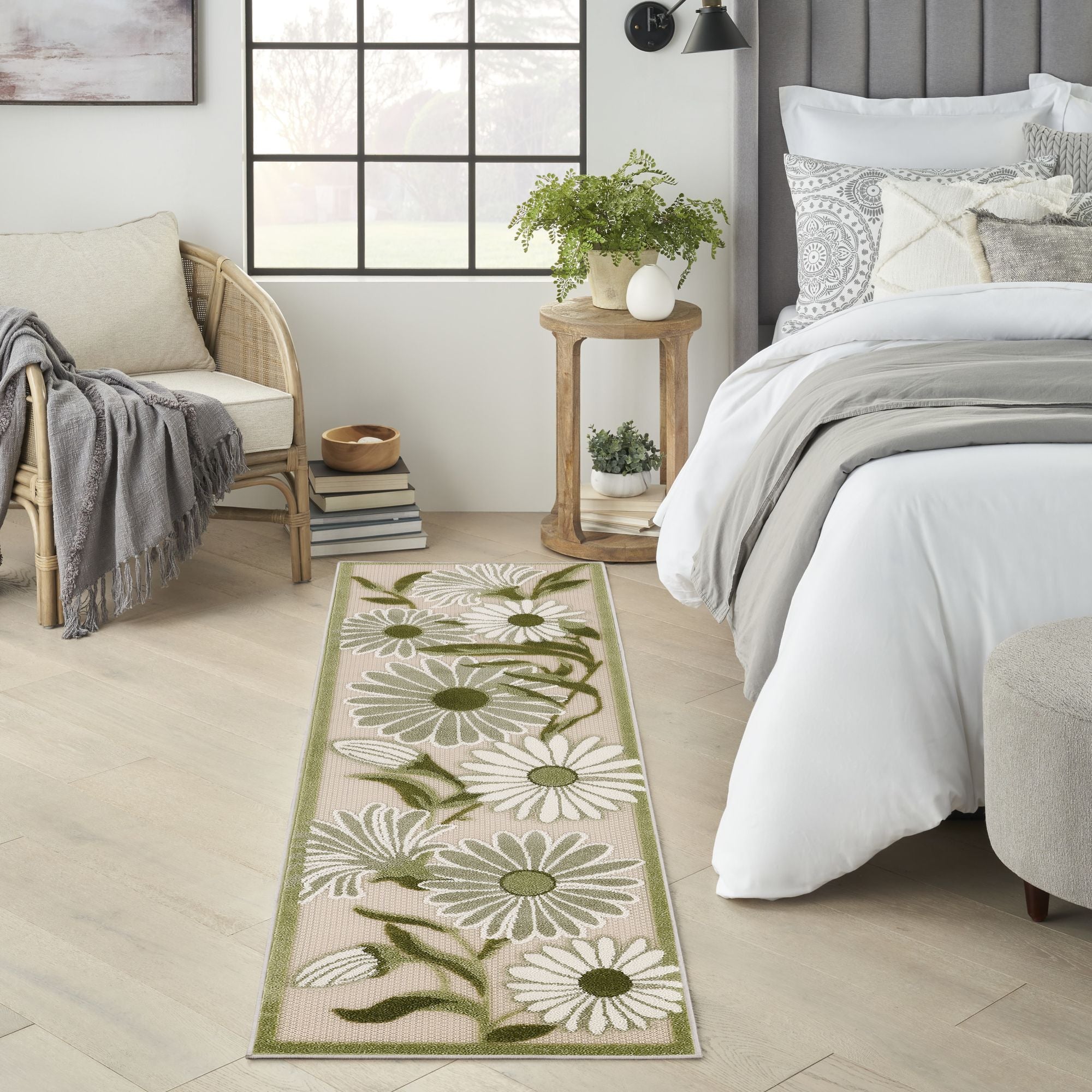 Ivory Green Contemporary Indoor Outdoor Floral Area Rug
