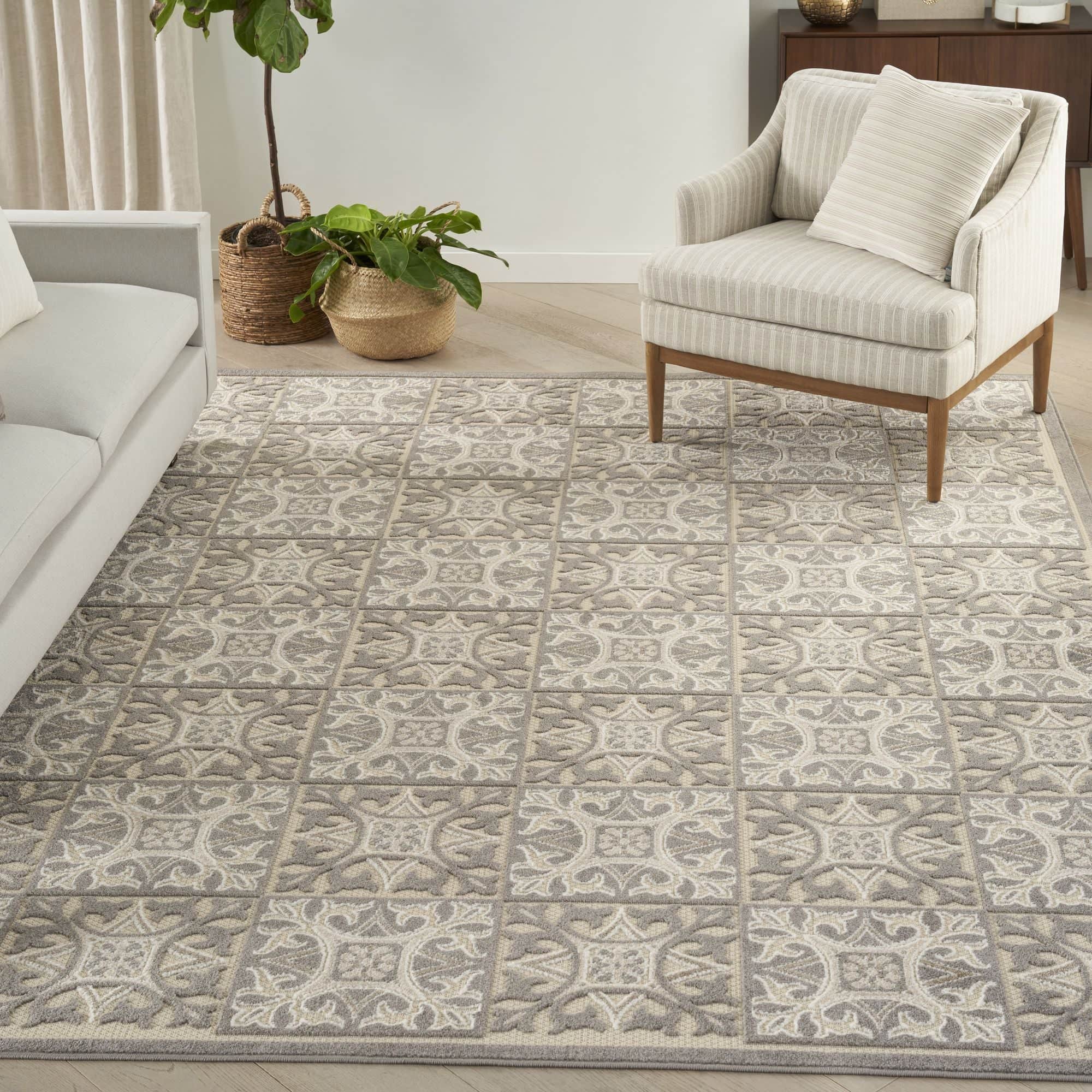 Ivory Grey Contemporary Indoor Outdoor Geometric Area Rug