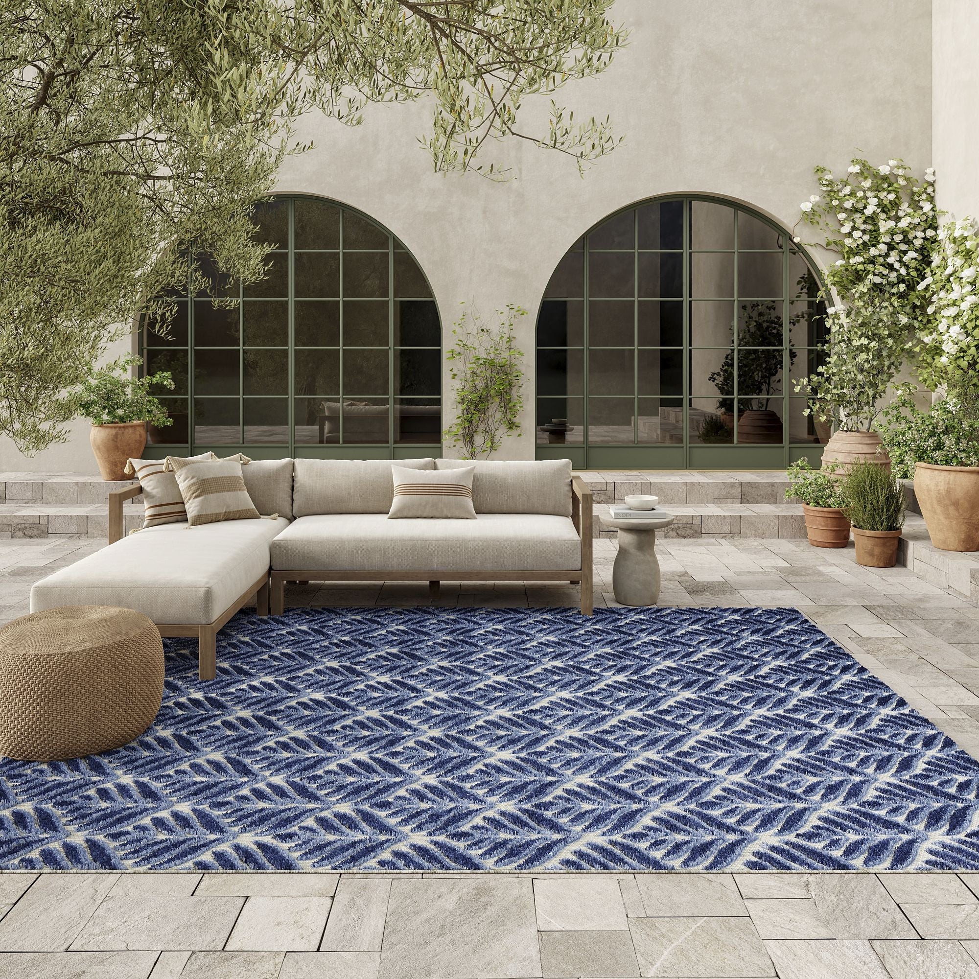 Blue Tropical Palm Leaf Indoor-Outdoor Rug