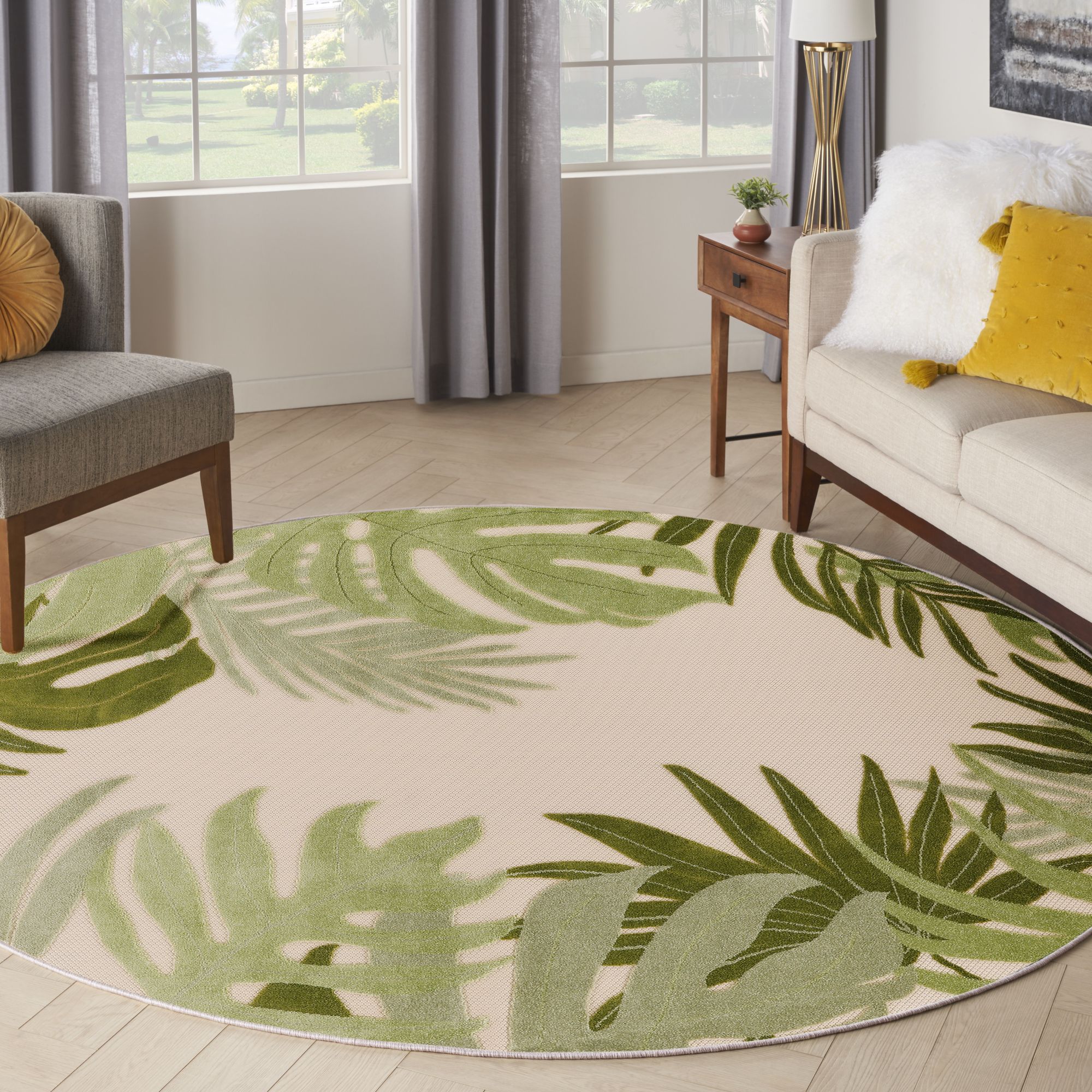 Ivory Green Indoor Outdoor Polypropylene Palm Leaf Rug