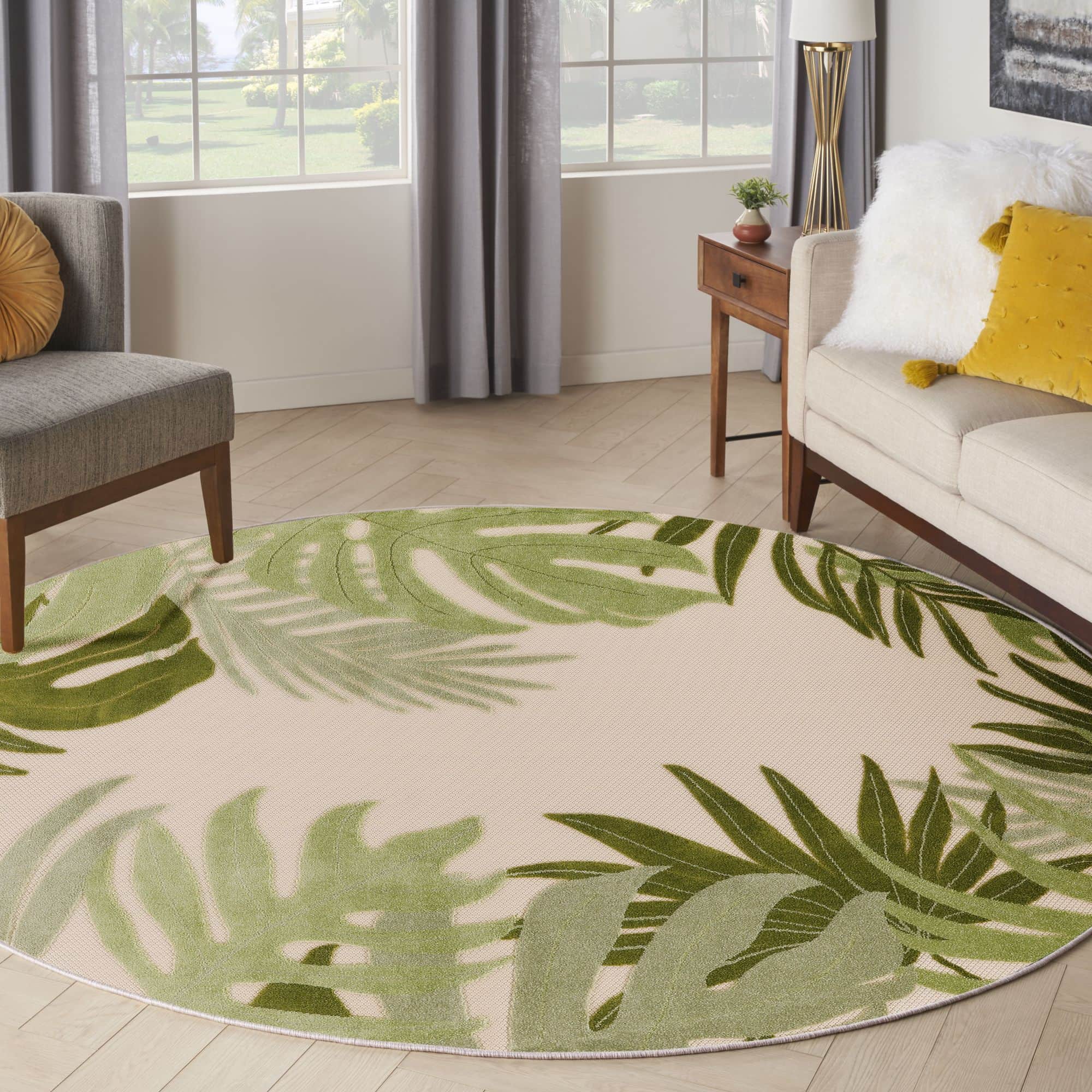 Ivory Green Indoor Outdoor Polypropylene Palm Leaf Rug