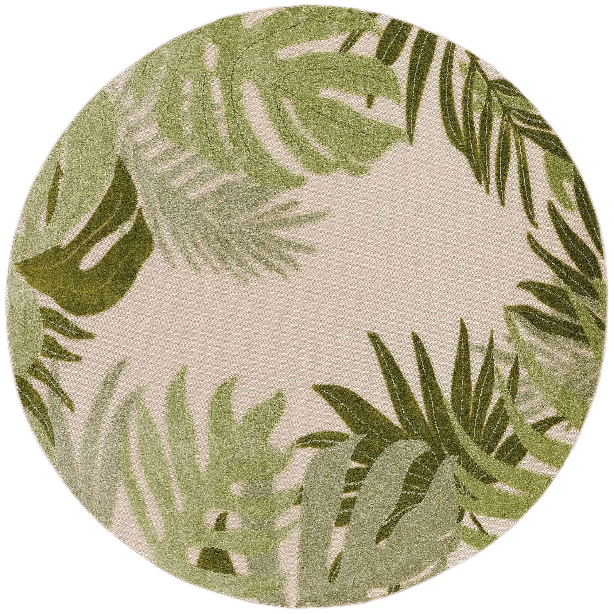 Ivory Green Indoor Outdoor Polypropylene Palm Leaf Rug