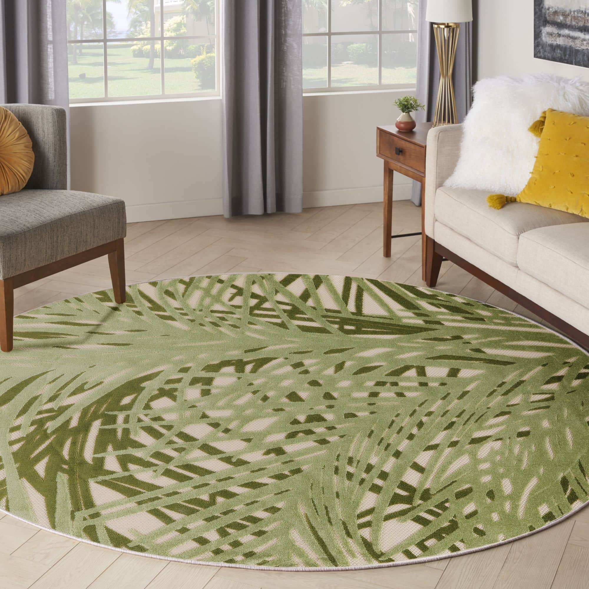 Ivory Green Tropical Leaf Indoor Outdoor Patio Rug