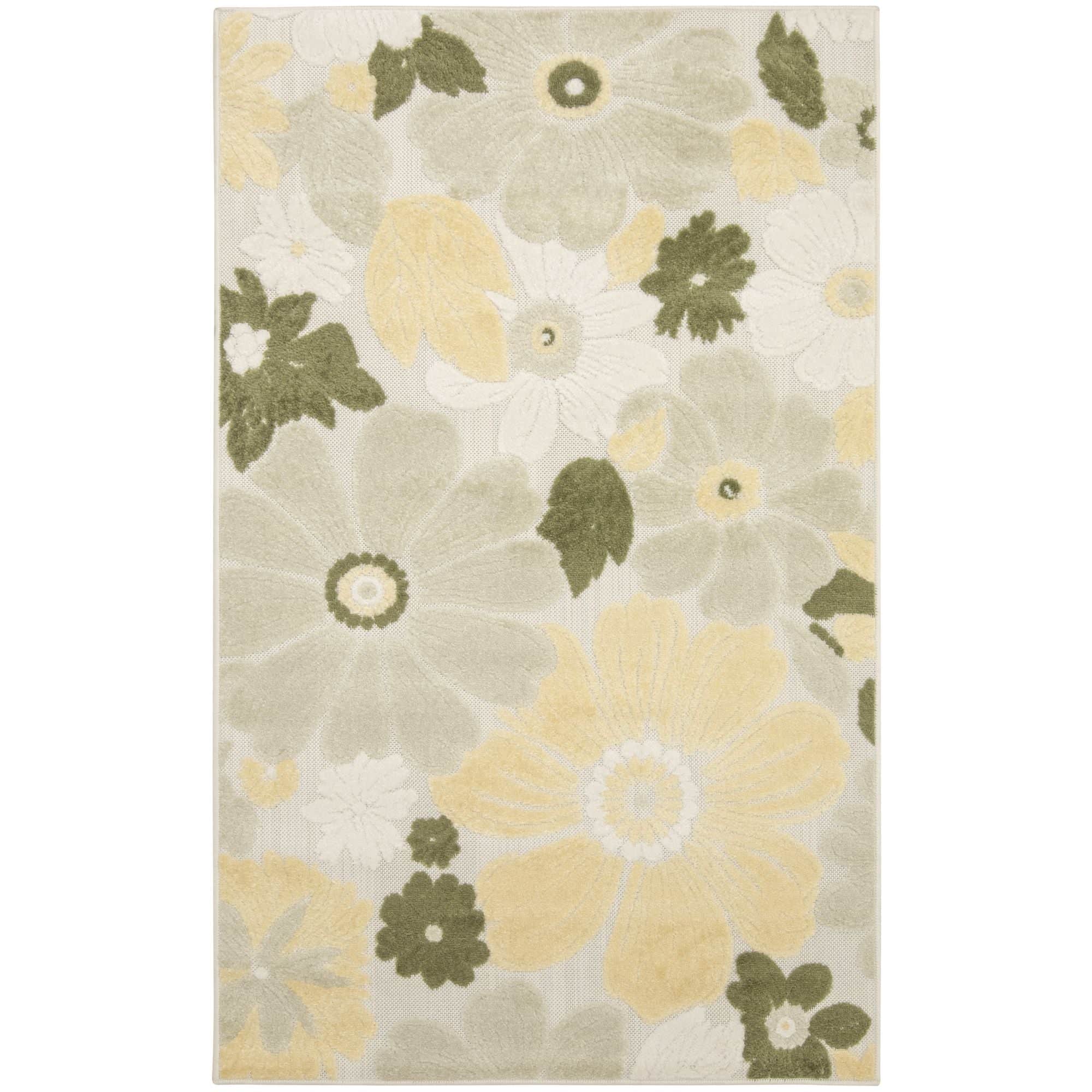 Ivory Green Modern Floral Indoor Outdoor Area Rug