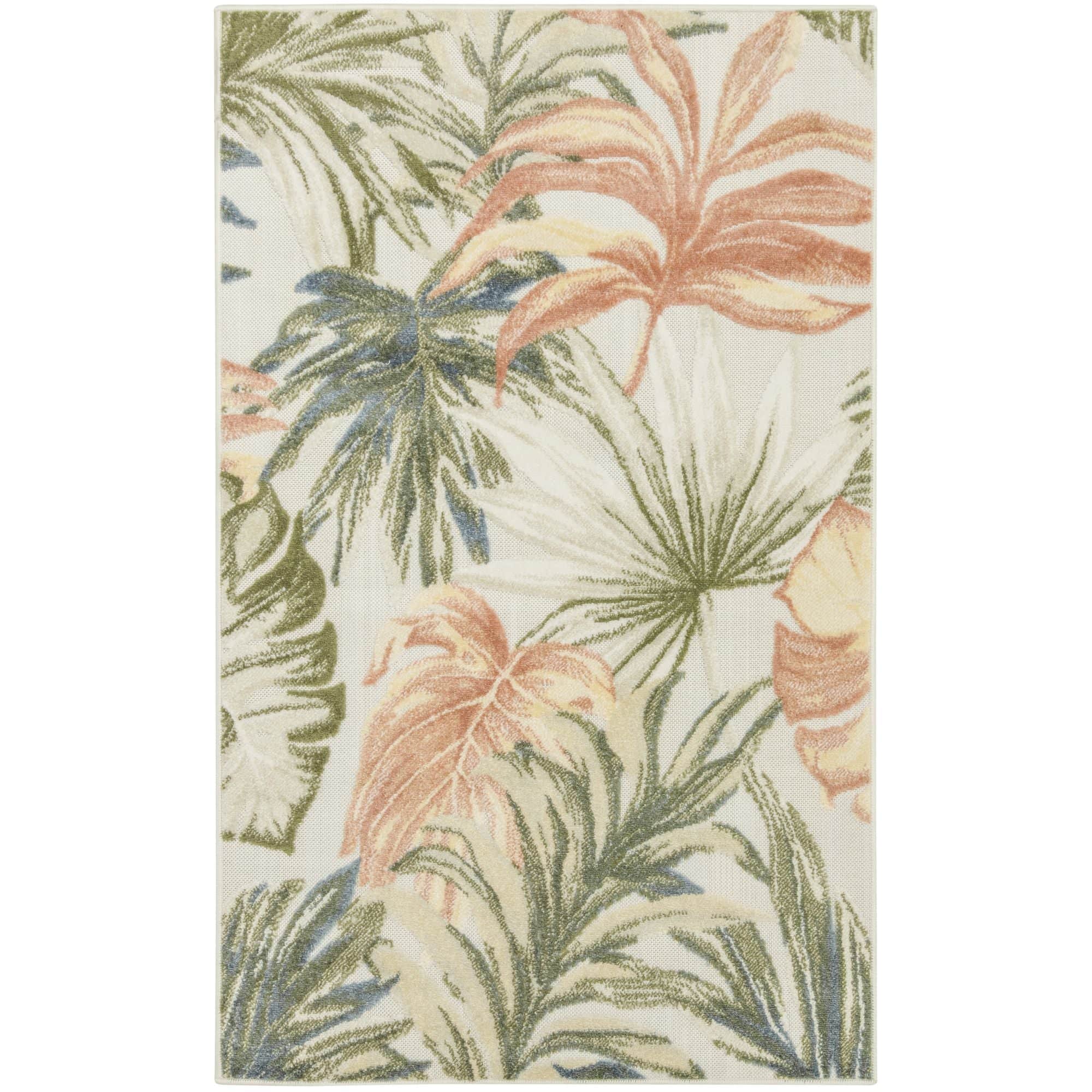 Ivory Green Tropical Botanical Indoor Outdoor Area Rug