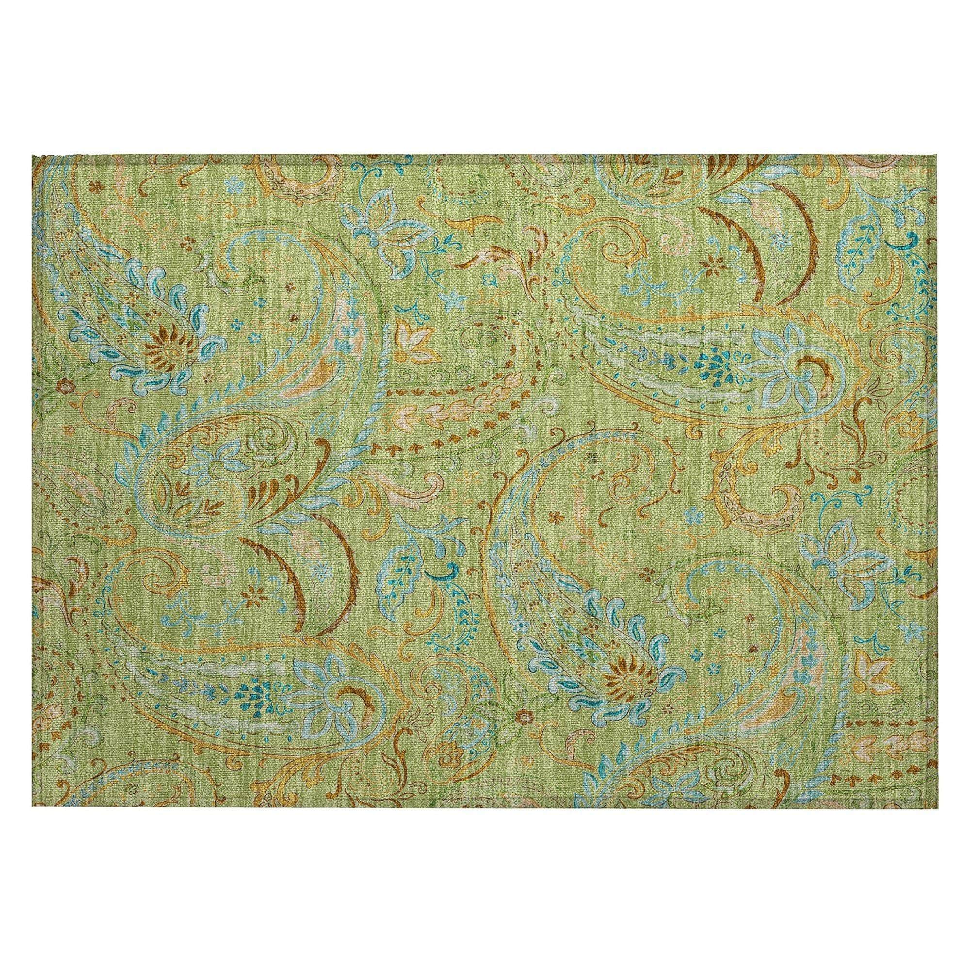 Machine Washable Aloe Green Rug - Indoor / Outdoor - Kids / Pet Friendly Paisley Print Rug