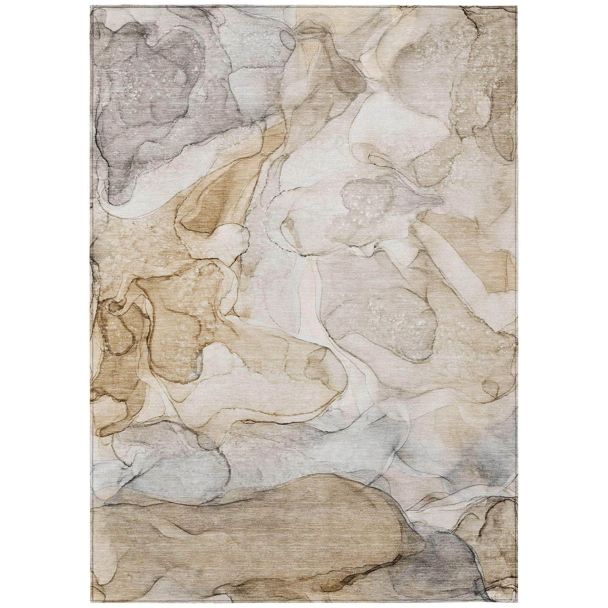 Machine Washable Beige Brown Rug - Indoor / Outdoor - Kids / Pet Friendly Watercolors Print Rug