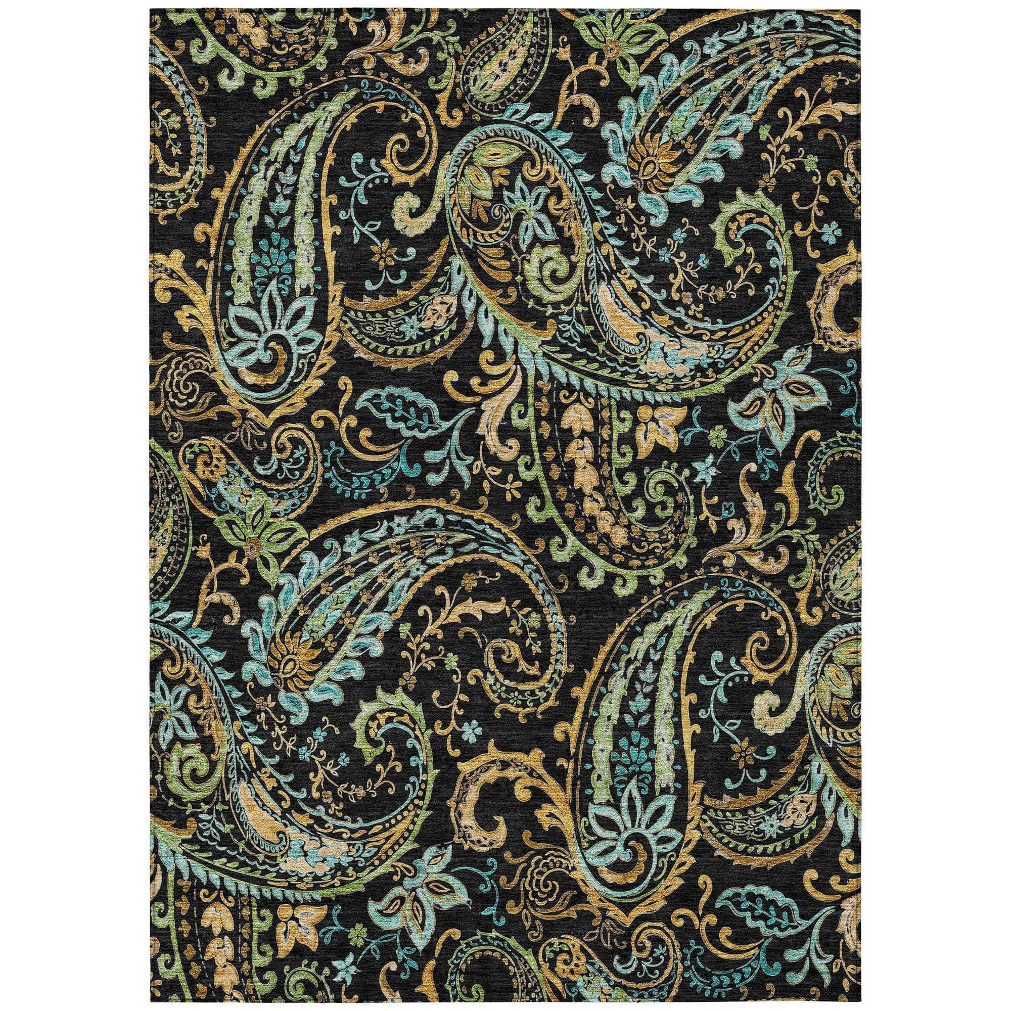 Machine Washable Black Rug - Indoor / Outdoor - Kids / Pet Friendly Paisley Print Rug