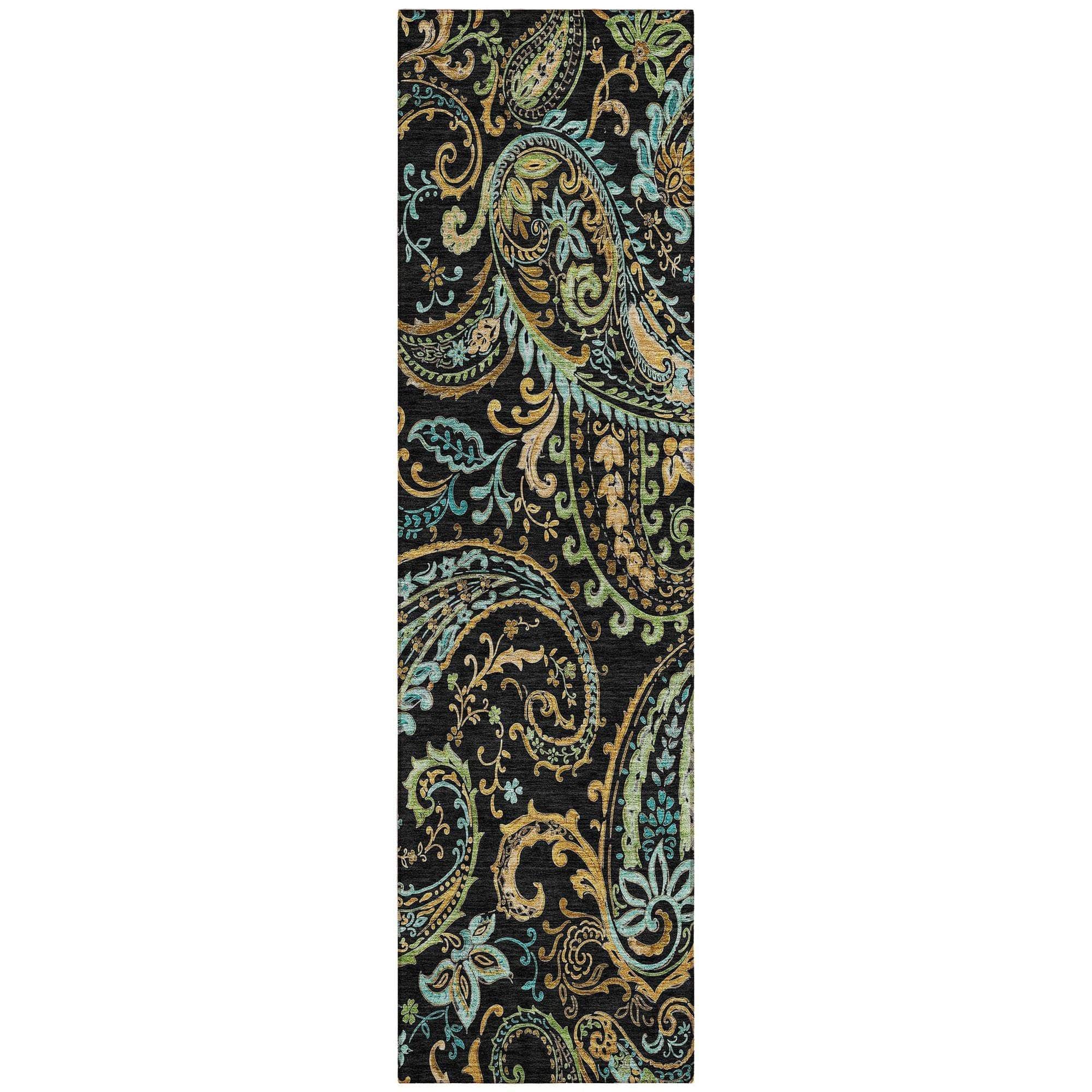 Machine Washable Black Rug - Indoor / Outdoor - Kids / Pet Friendly Paisley Print Rug