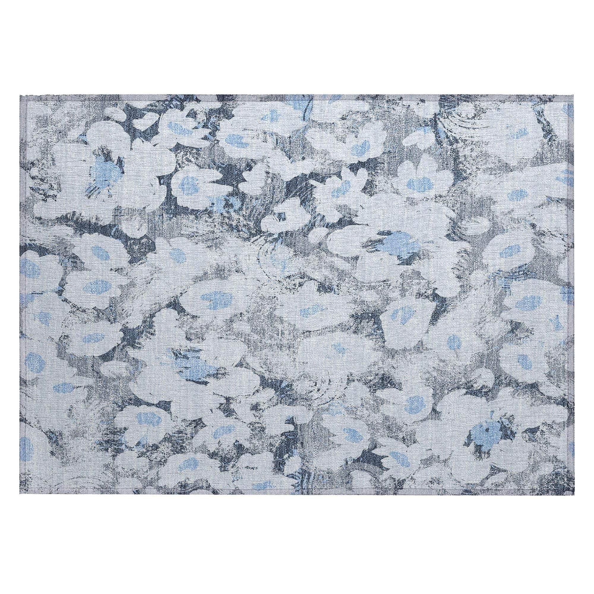 Machine Washable Denim Blue Rug - Indoor / Outdoor - Kids / Pet Friendly Floral Print Rug